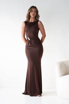 Oh Hello Clothing Dresses 1*DONE - MANIJU- MM25006-brown Draped Gold-Detail Maxi Dress (Copy)