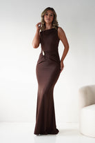 Oh Hello Clothing Dresses 1*DONE - MANIJU- MM25006-brown Draped Gold-Detail Maxi Dress (Copy)