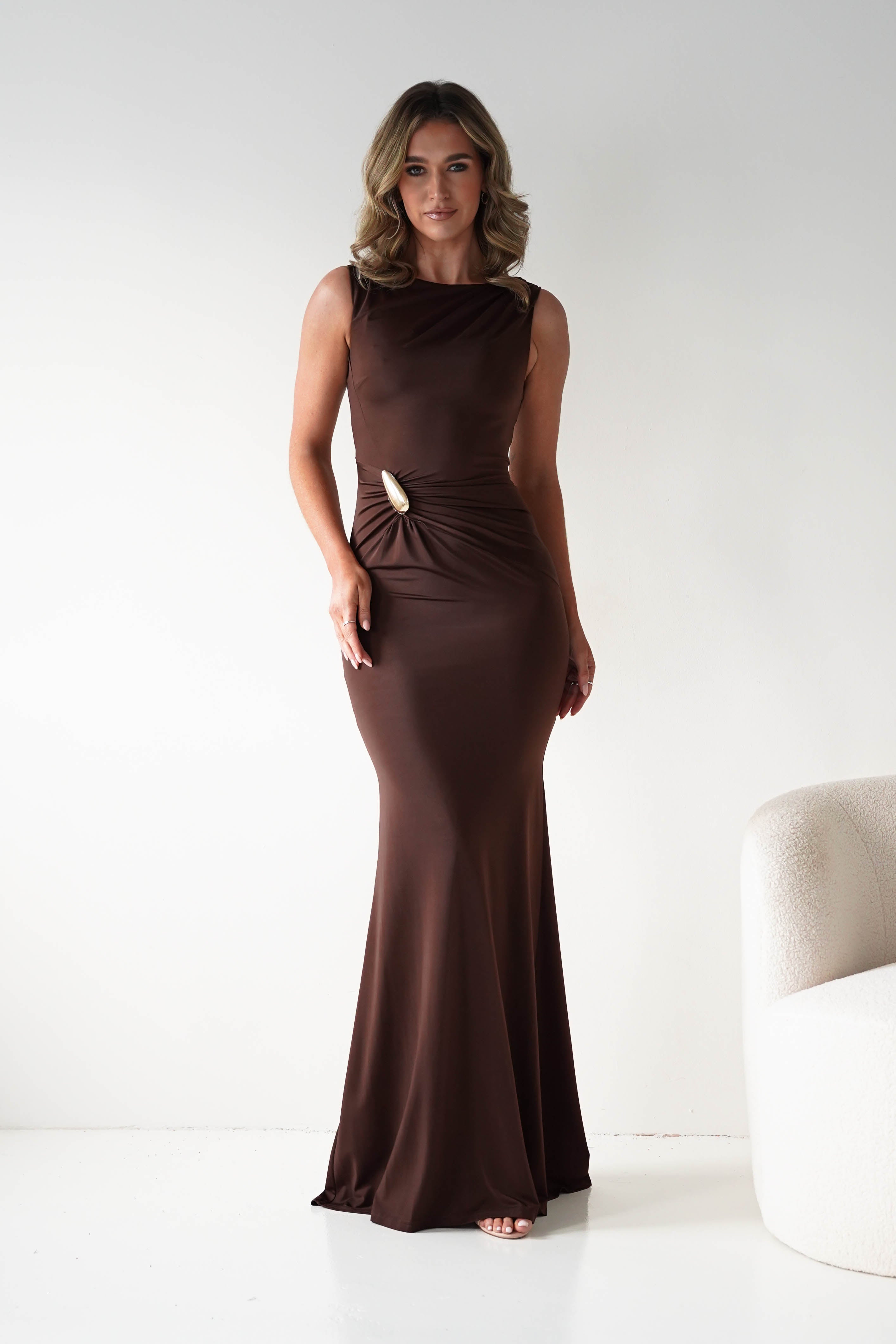 Oh Hello Clothing Dresses 1*DONE - MANIJU- MM25006-brown Draped Gold-Detail Maxi Dress (Copy)