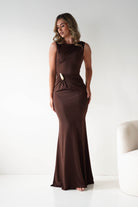 Oh Hello Clothing Dresses 1*DONE - MANIJU- MM25006-brown Draped Gold-Detail Maxi Dress (Copy)