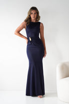 Oh Hello Clothing Dresses 1*DONE - MANIJU- MM25006-NAVY Draped Gold-Detail Maxi Dress