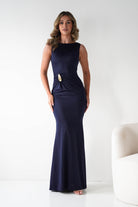 Oh Hello Clothing Dresses 1*DONE - MANIJU- MM25006-NAVY Draped Gold-Detail Maxi Dress