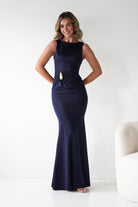 Oh Hello Clothing Dresses 1*DONE - MANIJU- MM25006-NAVY Draped Gold-Detail Maxi Dress