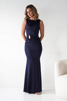 Oh Hello Clothing Dresses 1*DONE - MANIJU- MM25006-NAVY Draped Gold-Detail Maxi Dress