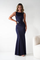 Oh Hello Clothing Dresses 1*DONE - MANIJU- MM25006-NAVY Draped Gold-Detail Maxi Dress