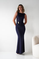 Oh Hello Clothing Dresses 1*DONE - MANIJU- MM25006-NAVY Draped Gold-Detail Maxi Dress