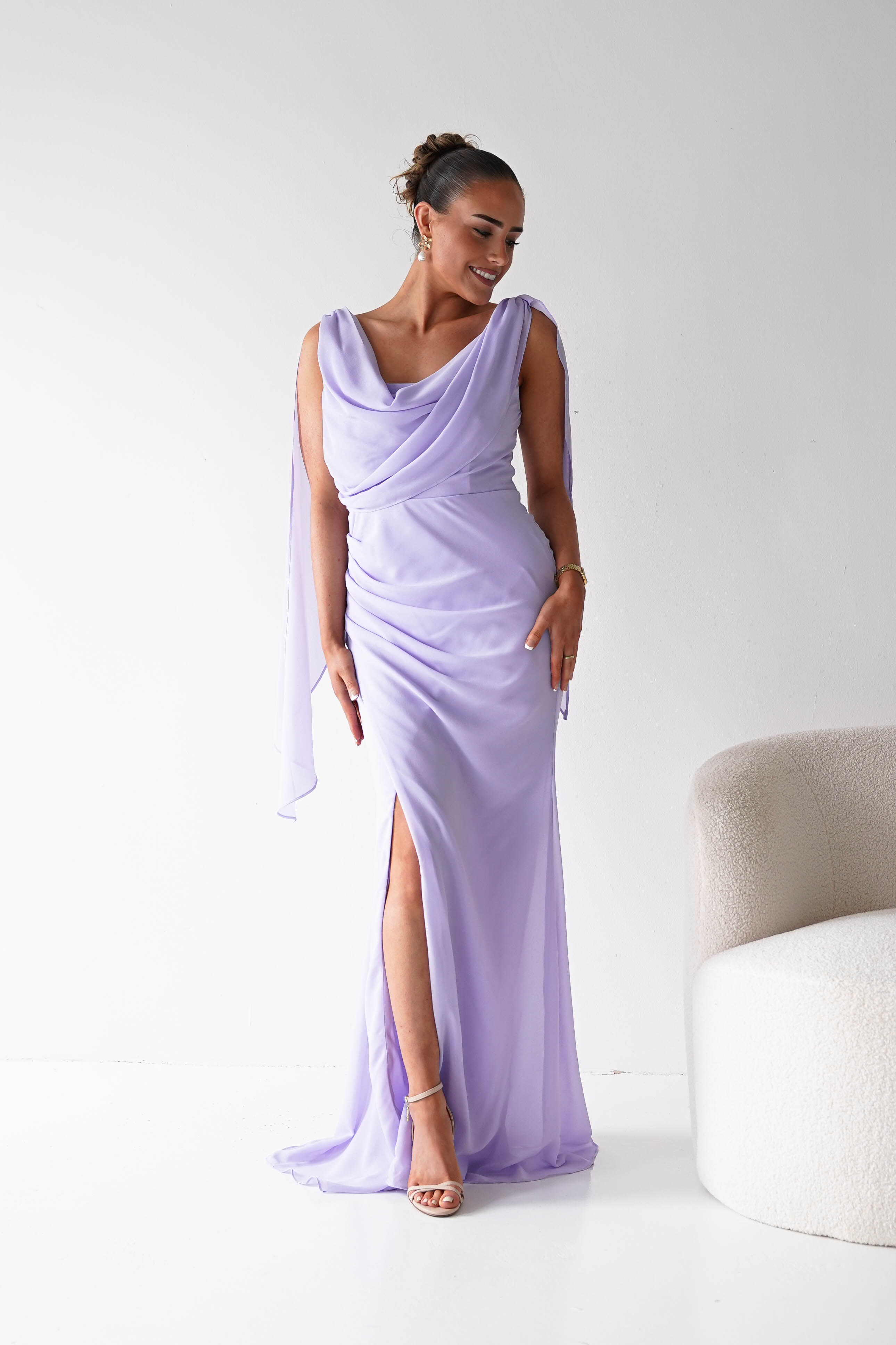 Oh Hello Clothing Women > Clothing > Dresses 1*DONE - MANIJU- MM2964- Lavender Chiffon Draped Maxi Dress