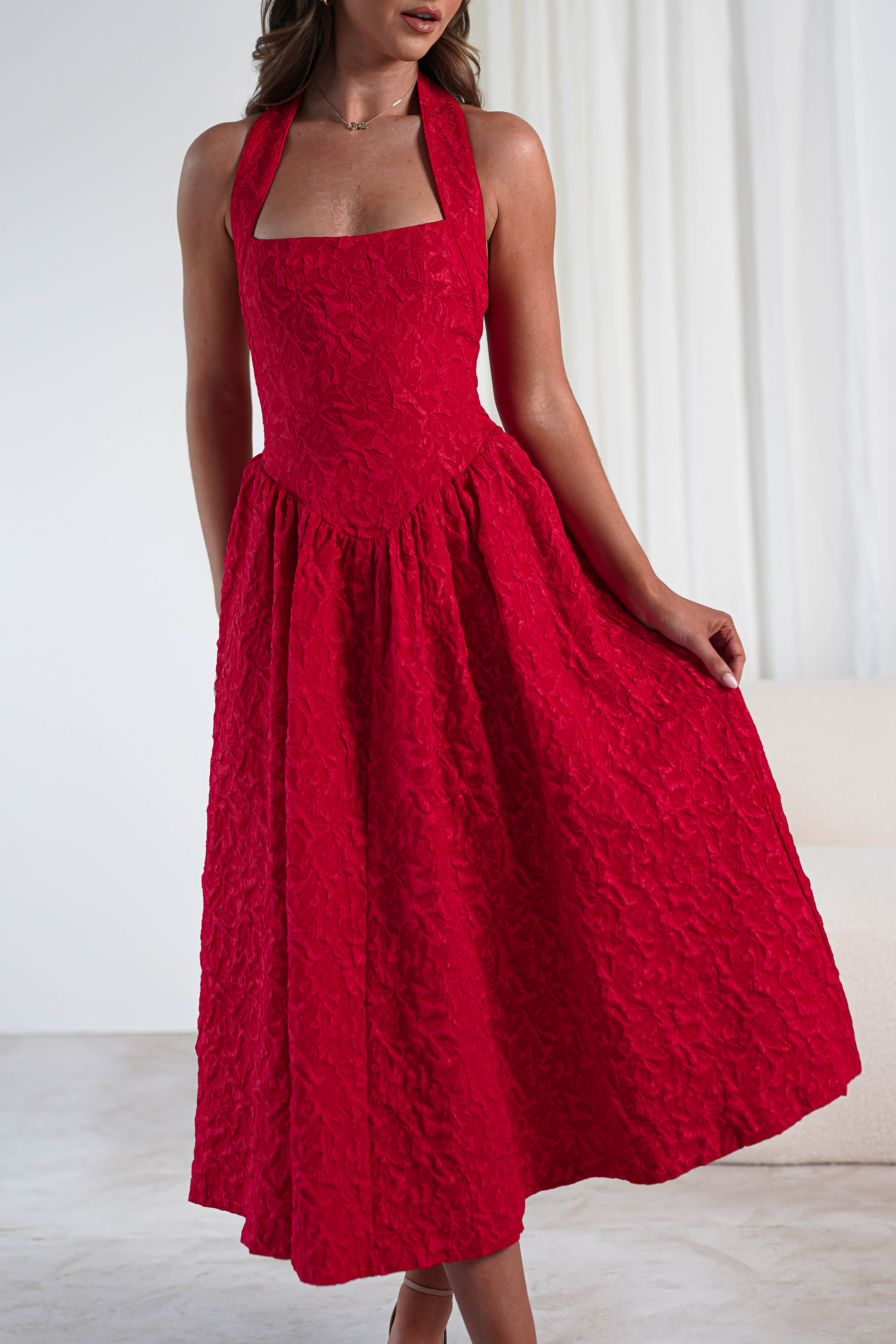 Margot Textured Midaxi Dress | Red