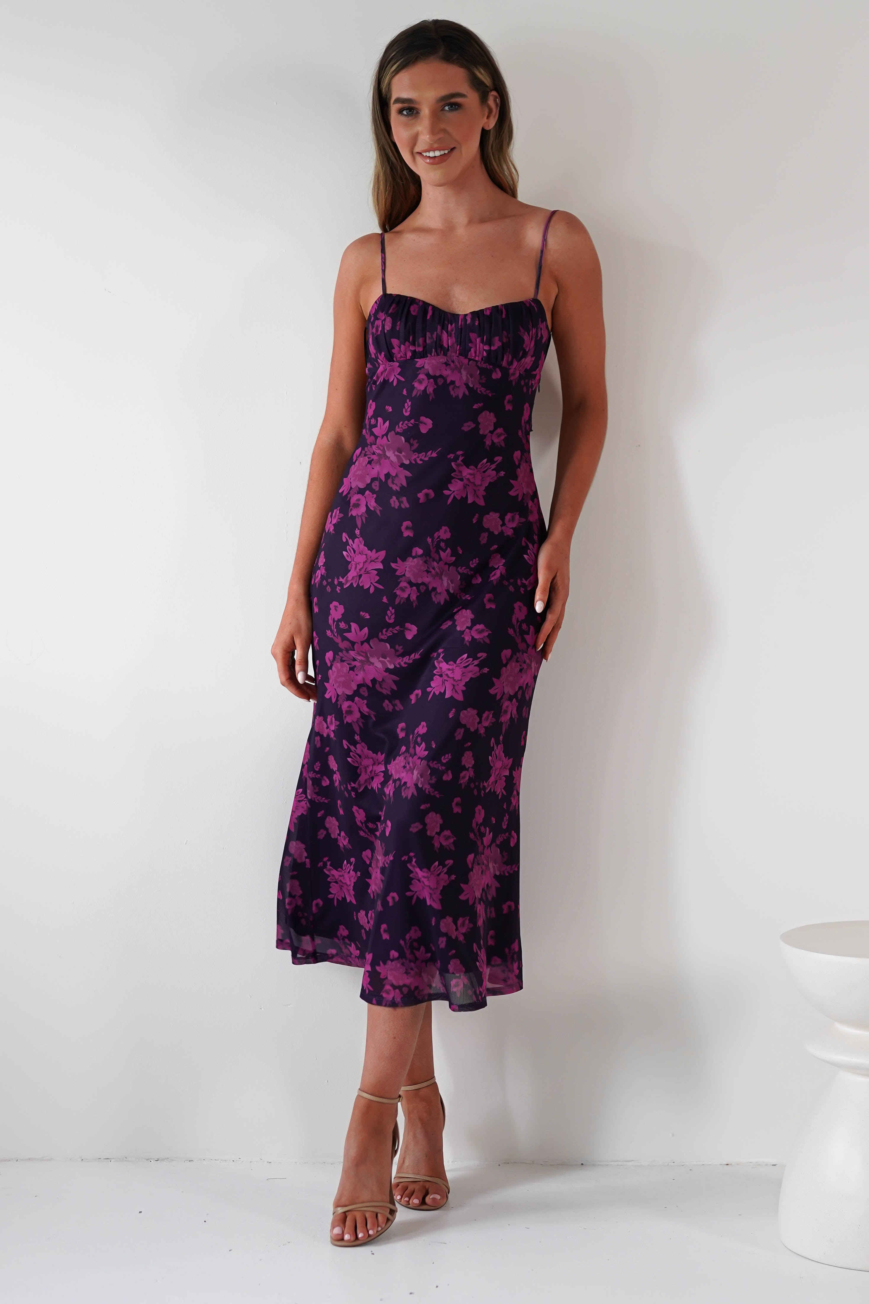 Merlo Low Back Midaxi Dress | Grape Print