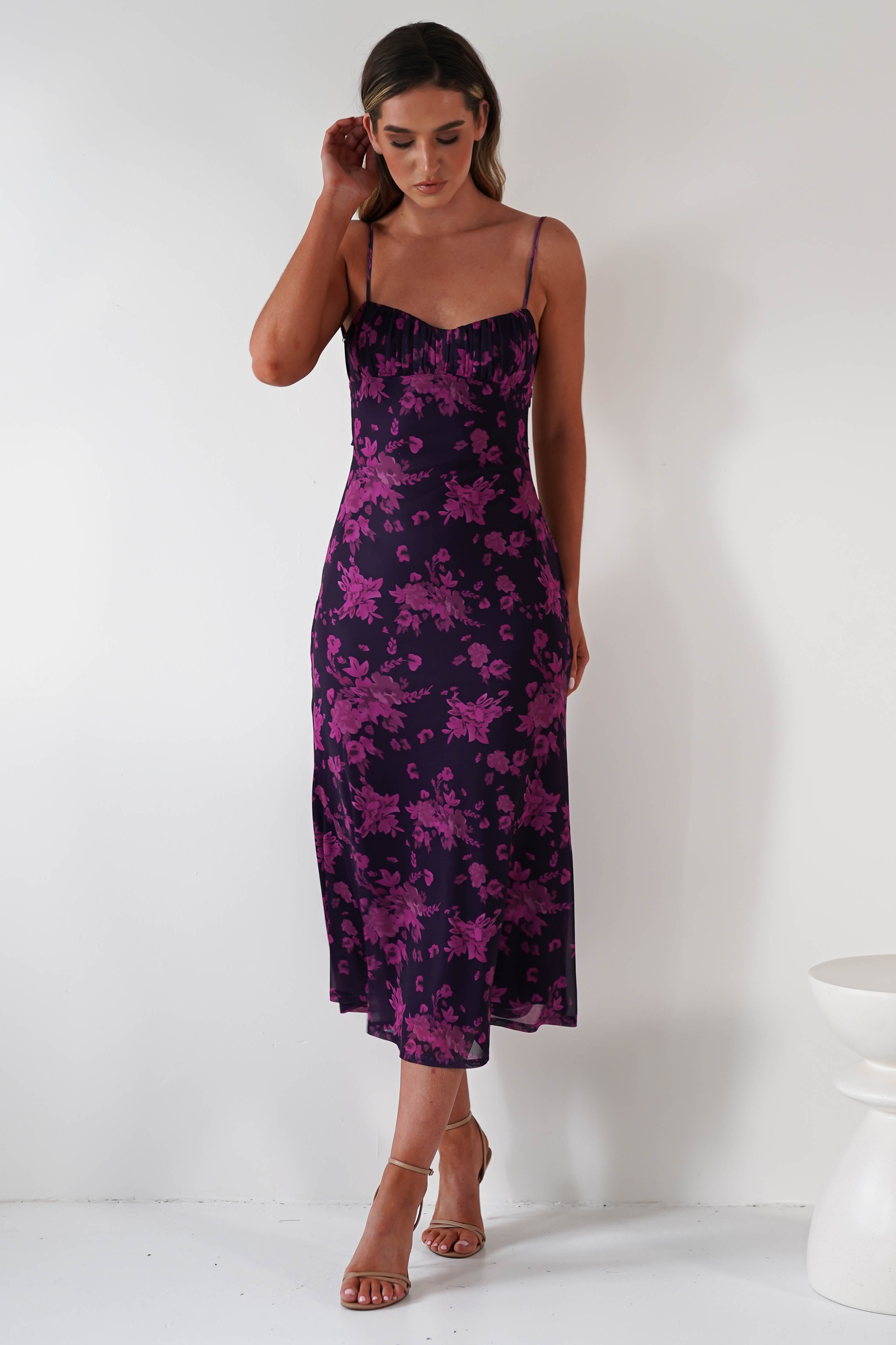 Merlo Low Back Midaxi Dress | Grape Print