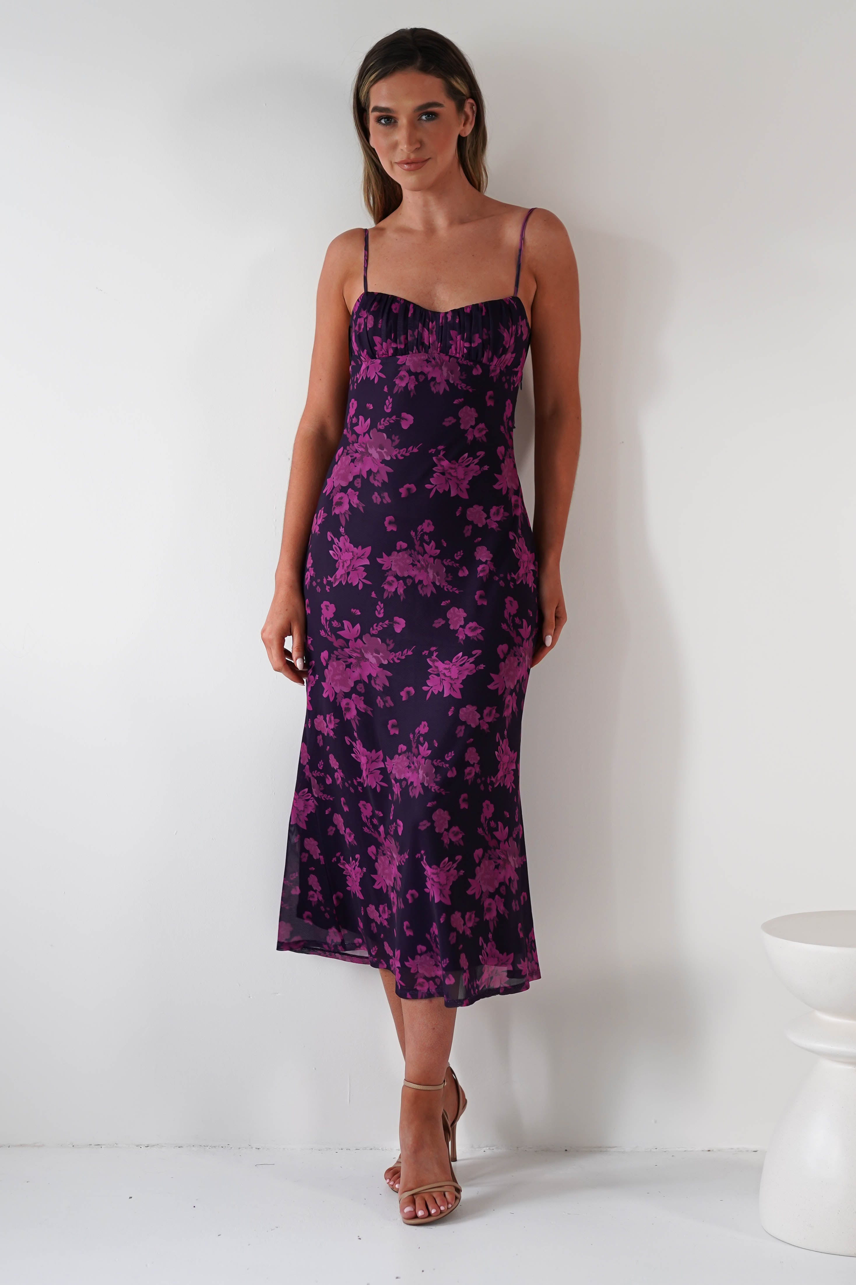 Merlo Low Back Midaxi Dress | Grape Print