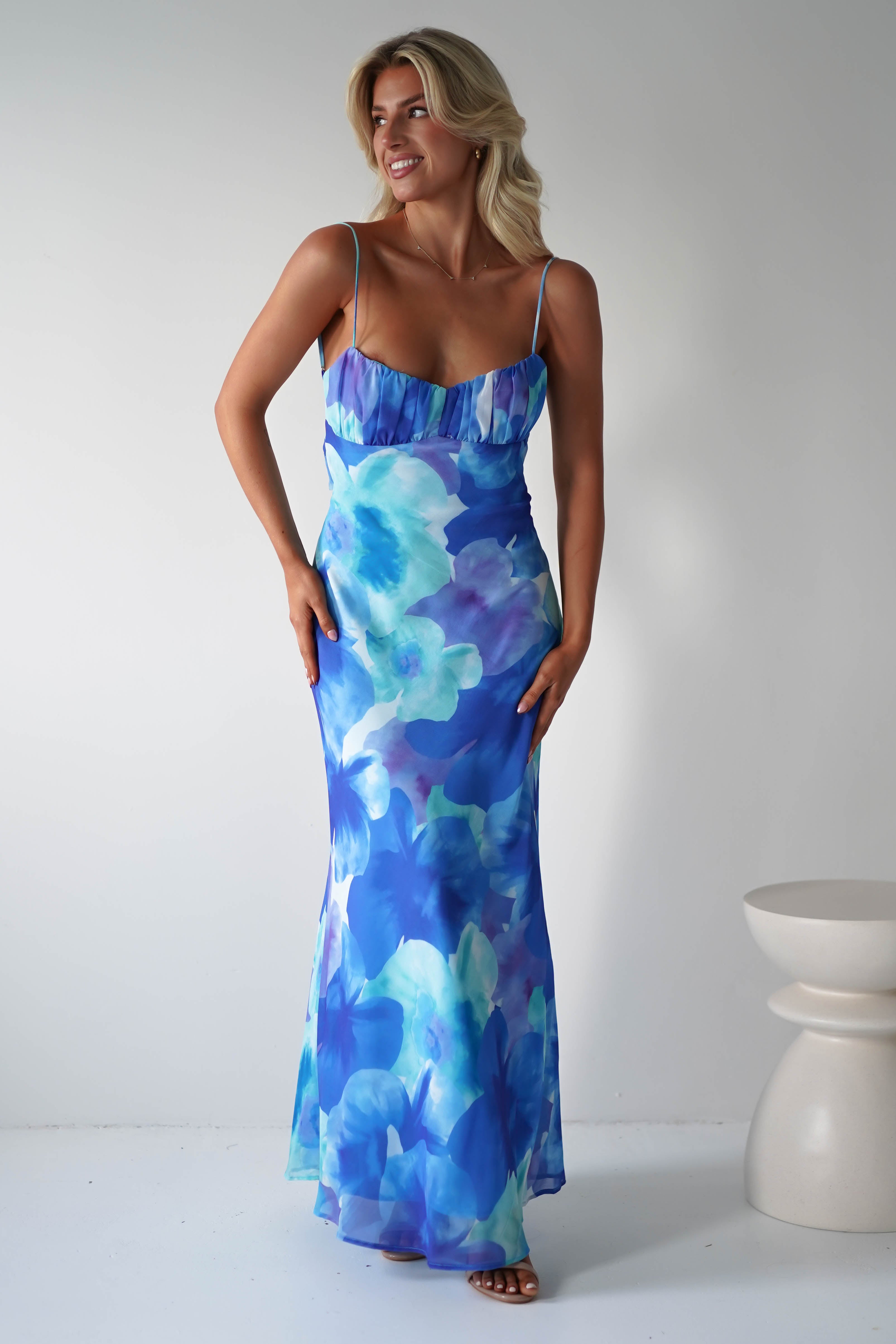 Ariel Chiffon Printed Maxi Dress | Blue