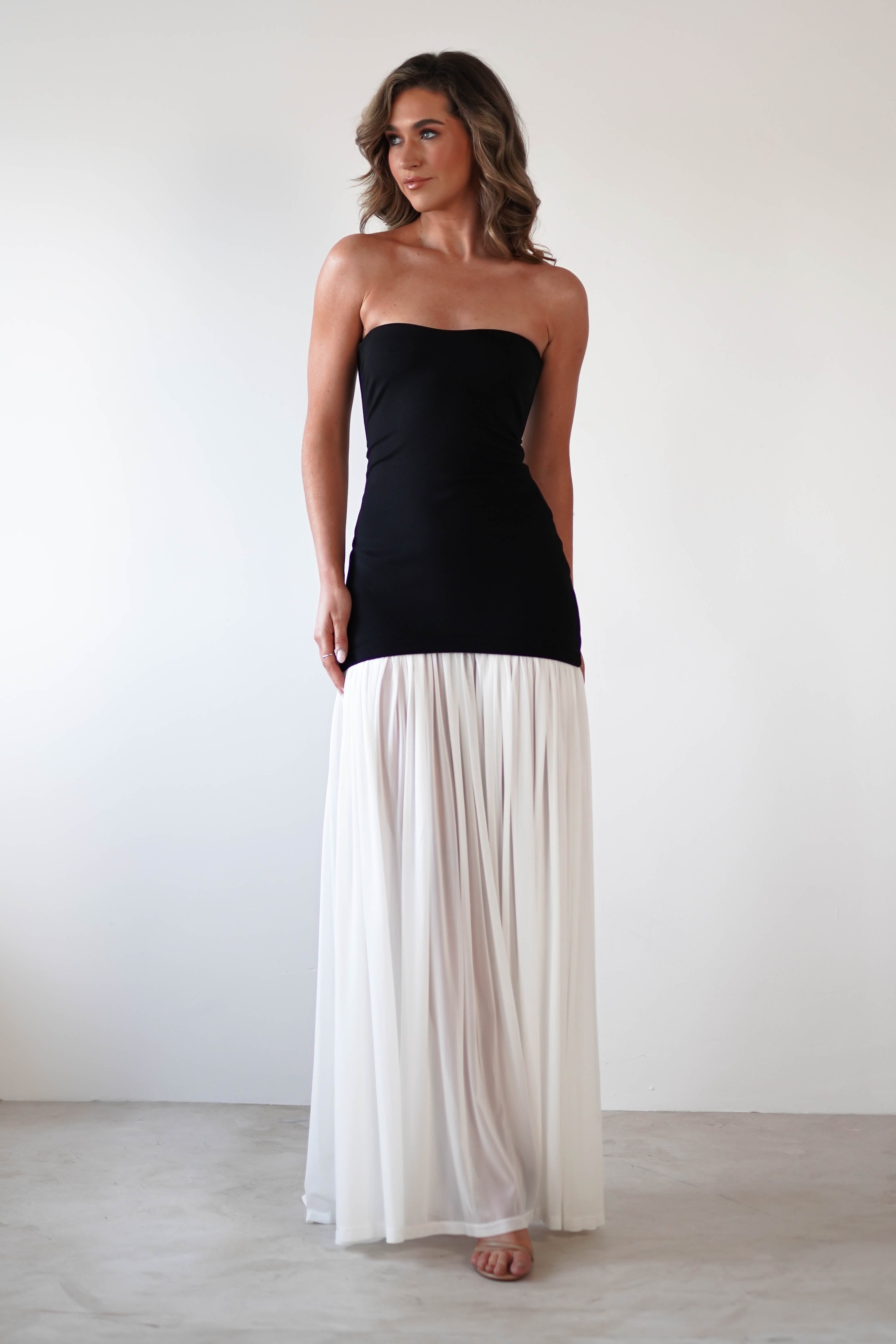 Mel Strapless Chiffon Skirt Maxi Dress | Black/White