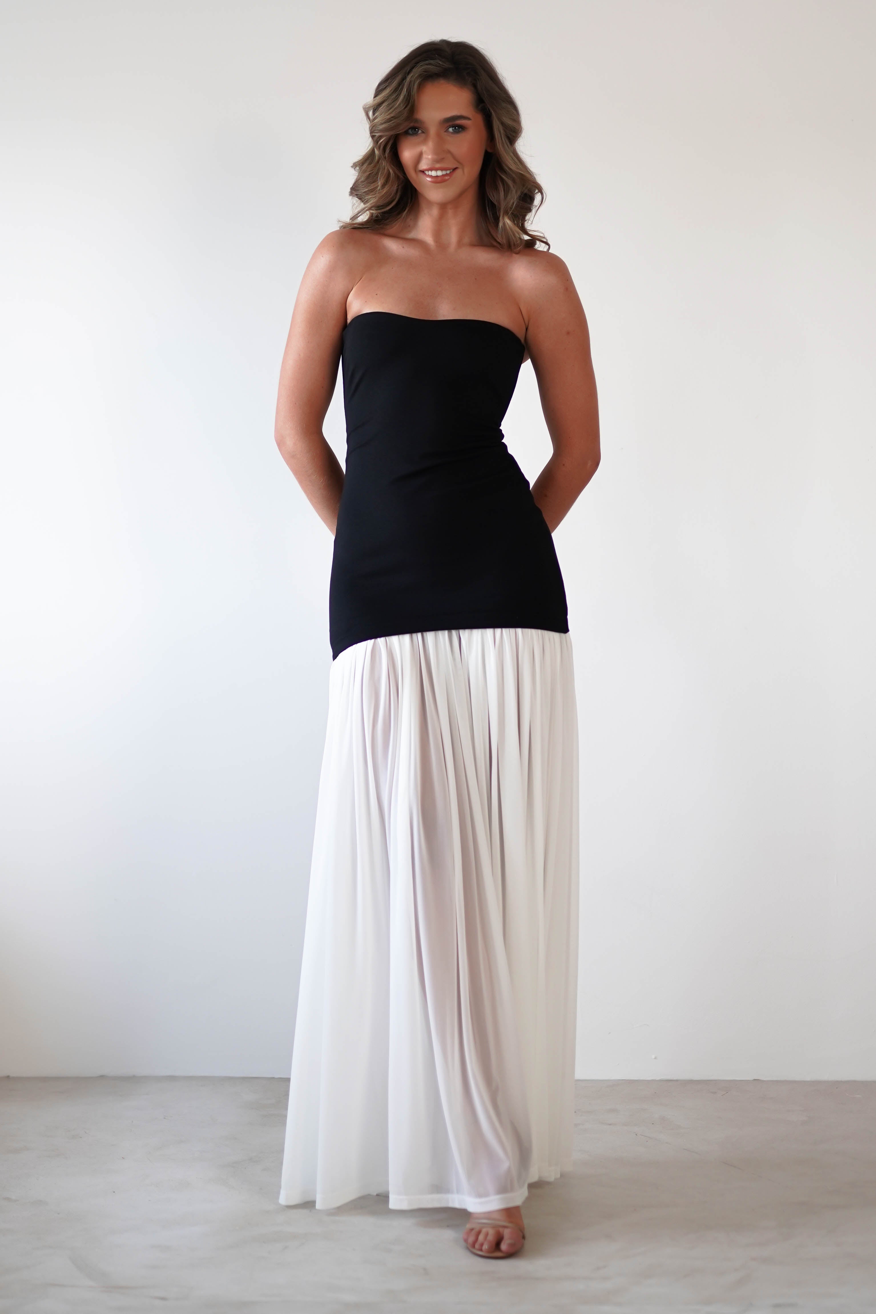 Mel Strapless Chiffon Skirt Maxi Dress | Black/White