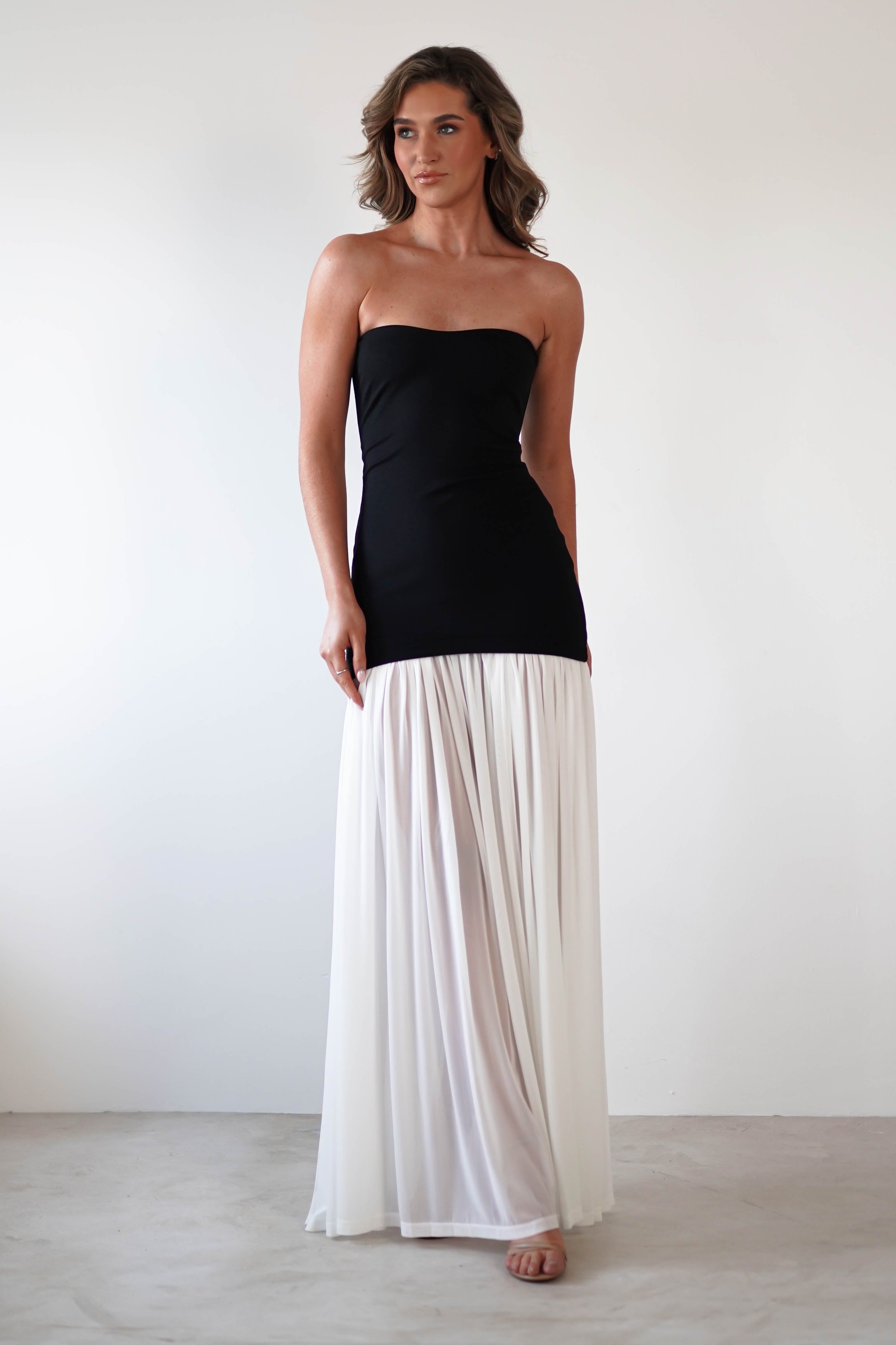 Mel Strapless Chiffon Skirt Maxi Dress | Black/White