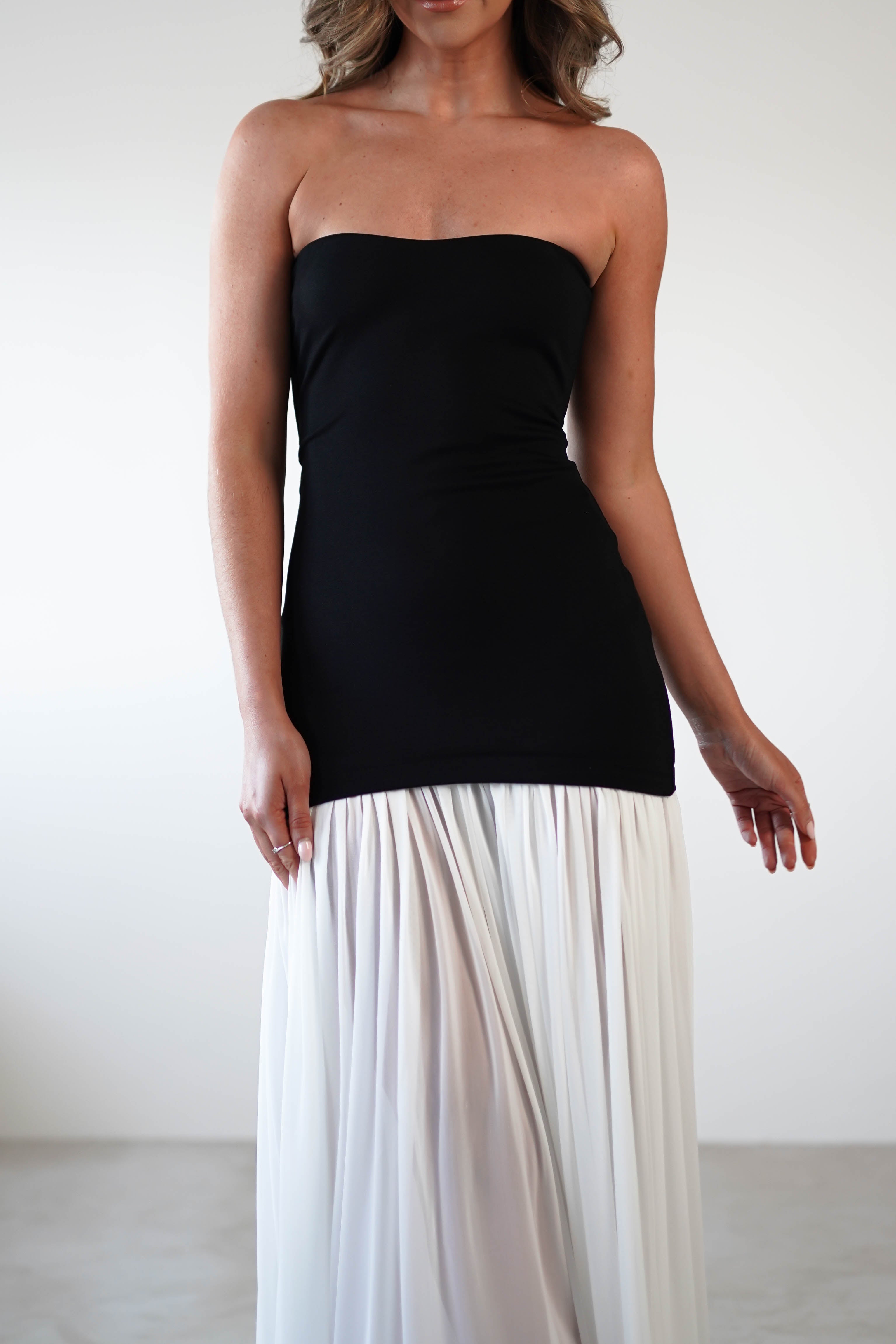 Mel Strapless Chiffon Skirt Maxi Dress | Black/White