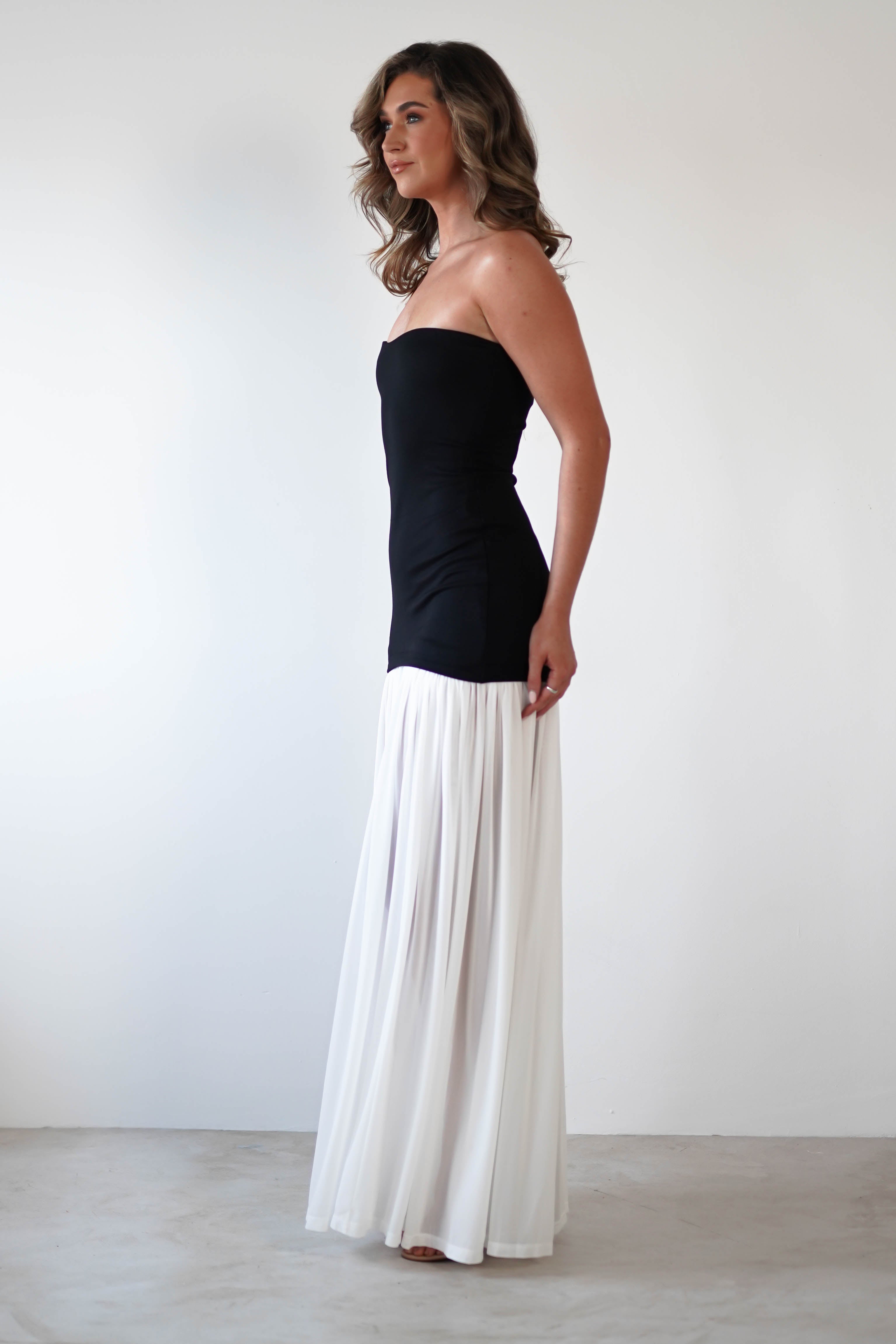 Mel Strapless Chiffon Skirt Maxi Dress | Black/White