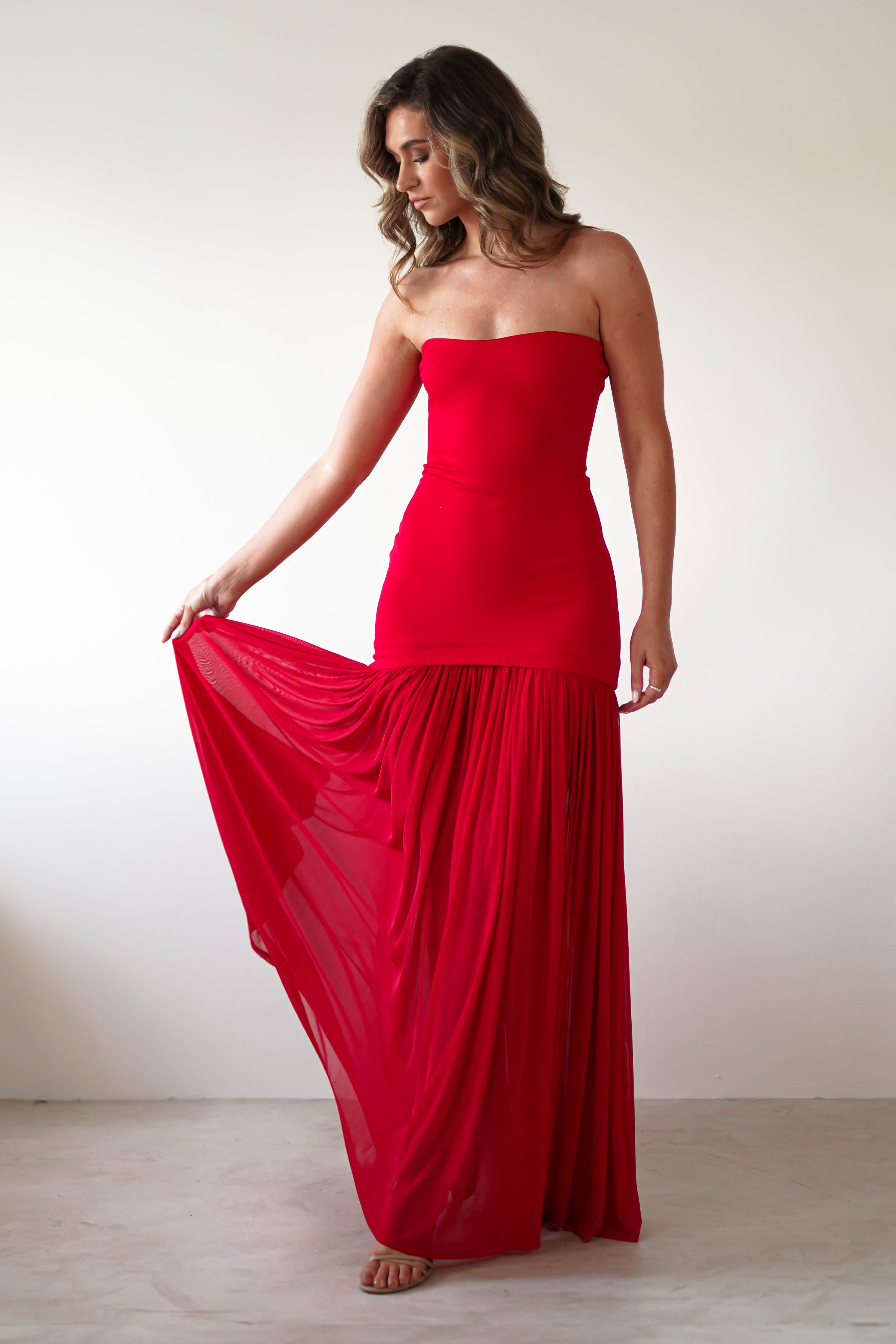 Mel Strapless Chiffon Skirt Maxi Dress | Red