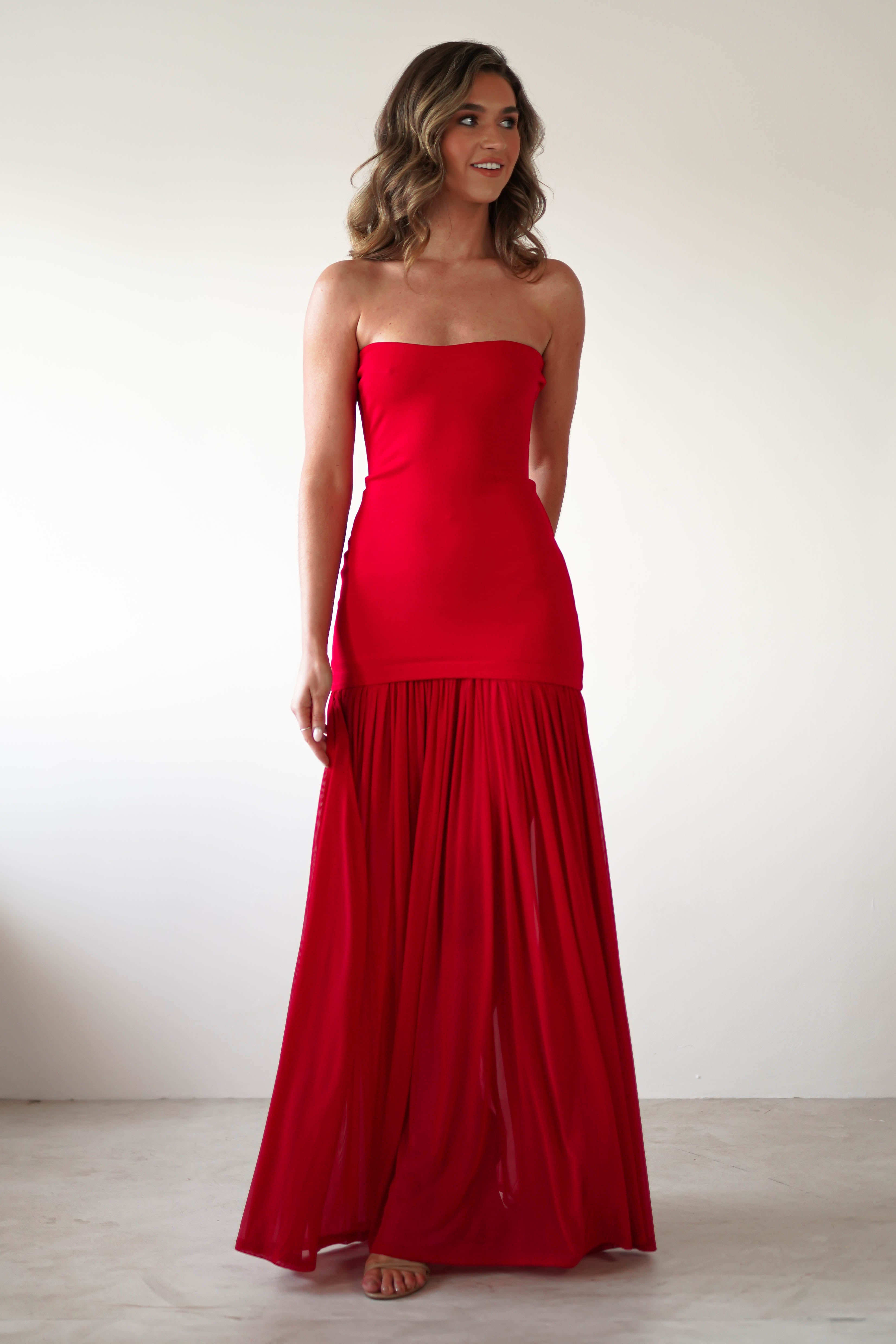 Mel Strapless Chiffon Skirt Maxi Dress | Red