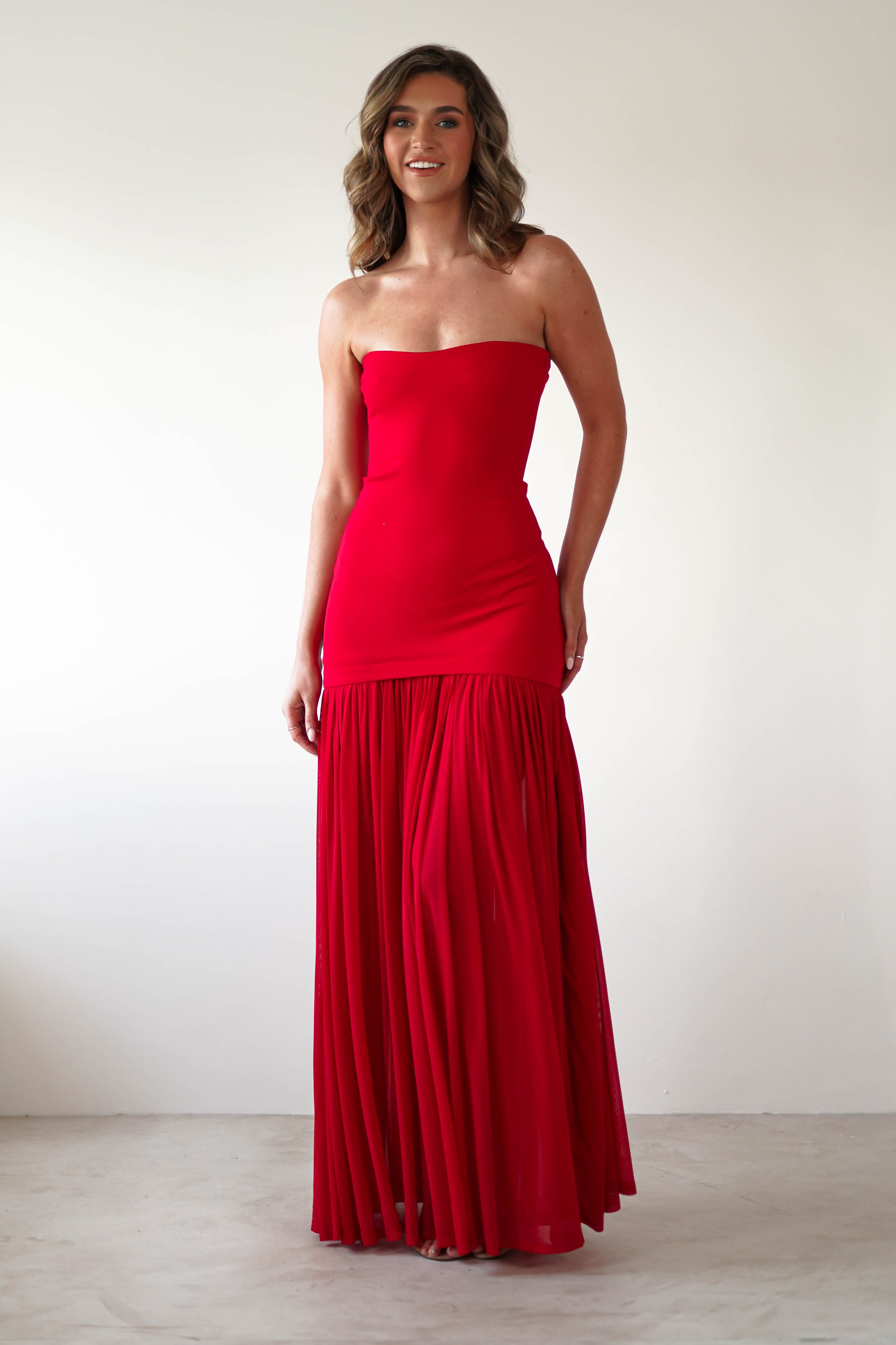 Mel Strapless Chiffon Skirt Maxi Dress | Red