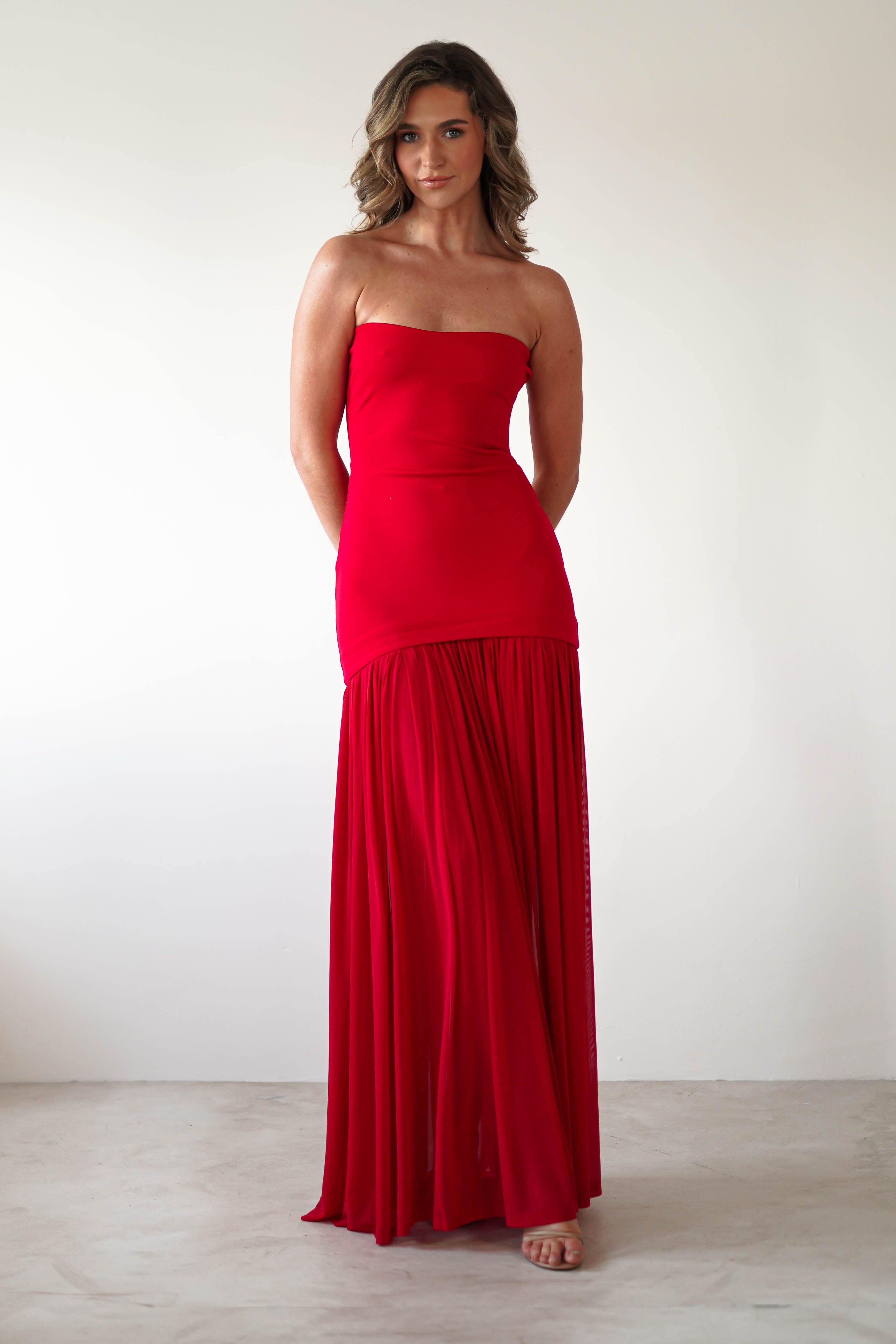 Mel Strapless Chiffon Skirt Maxi Dress | Red