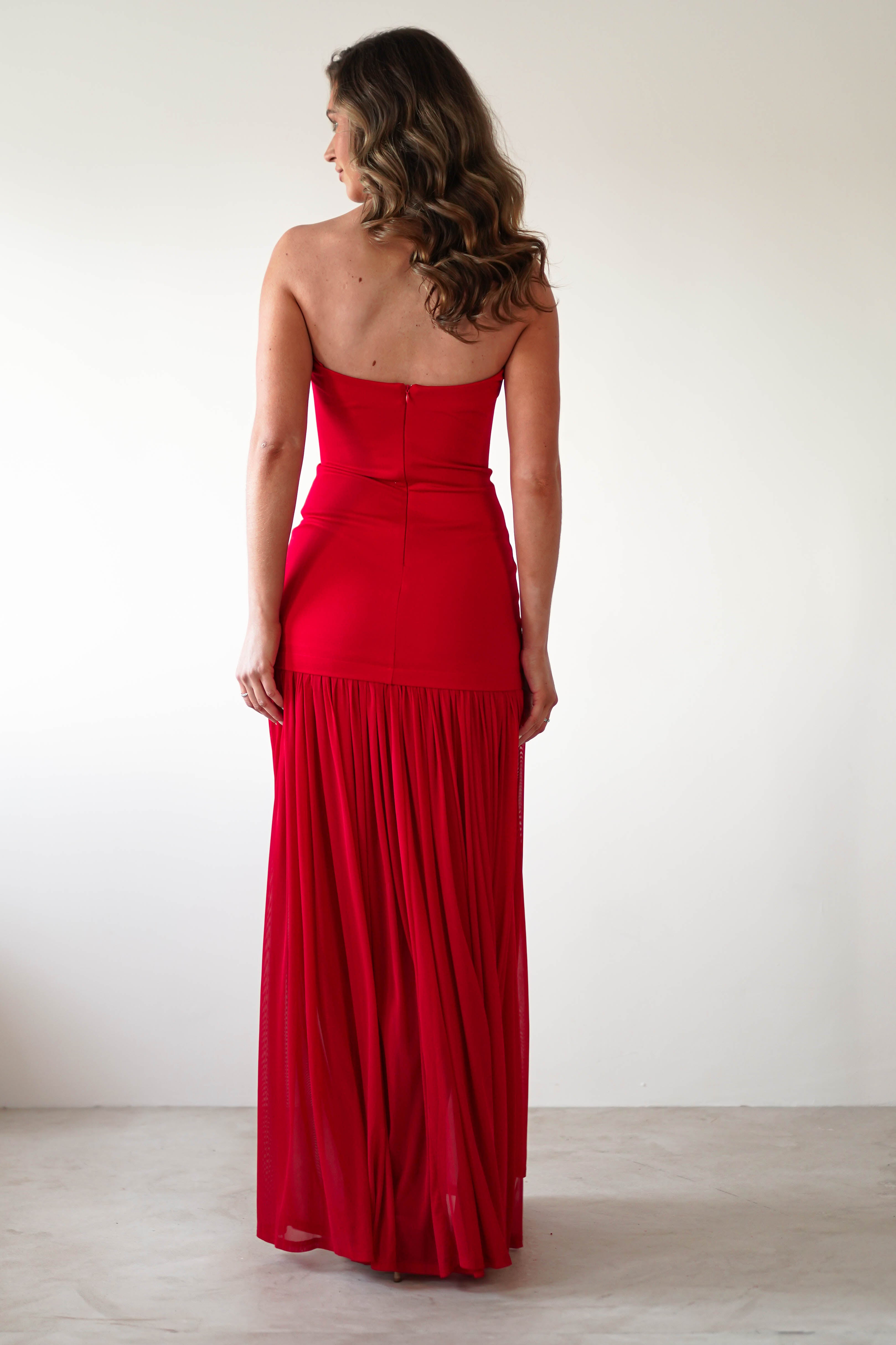 Mel Strapless Chiffon Skirt Maxi Dress | Red