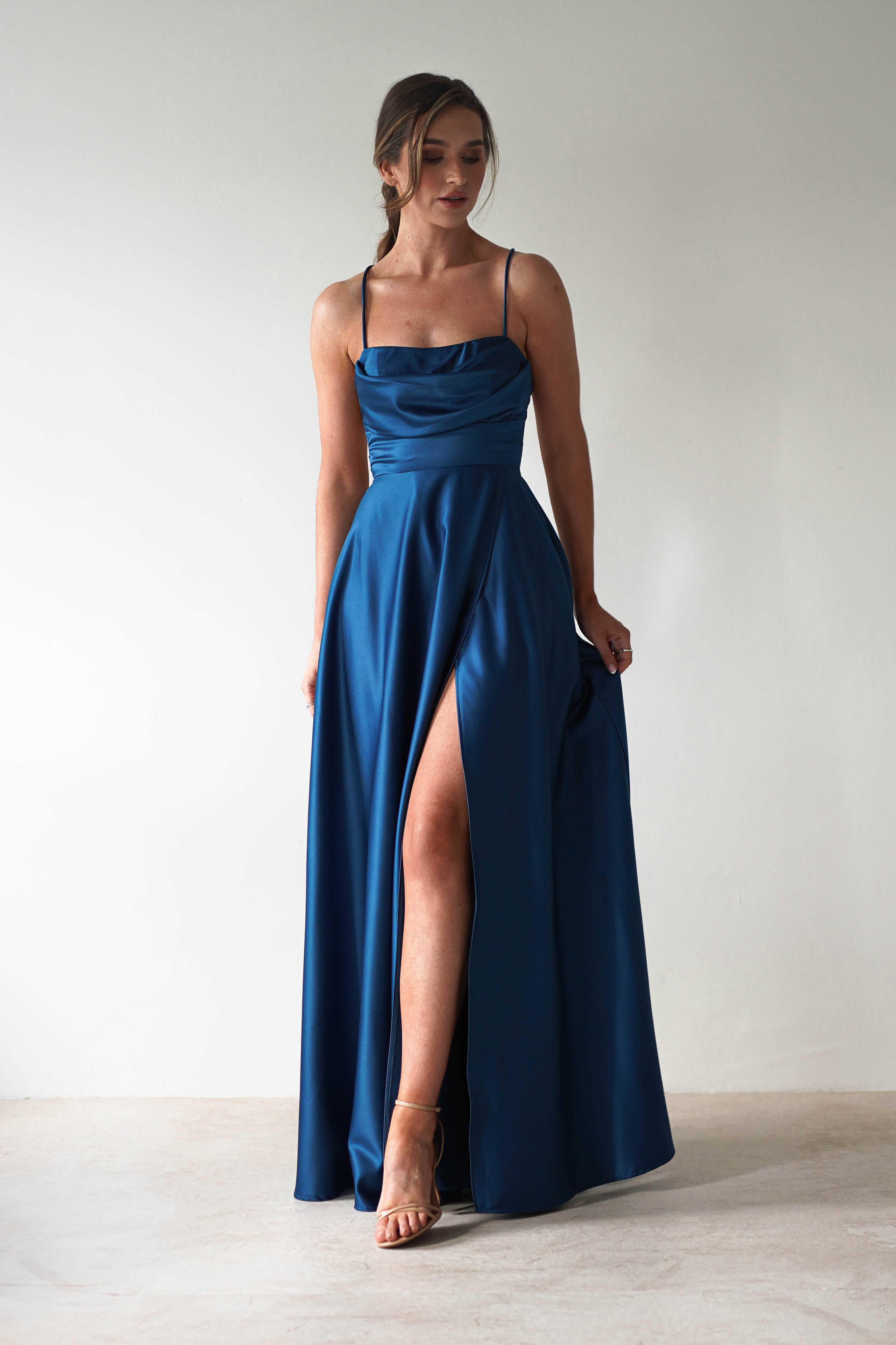 Shantal Satin Gown | Ocean Teal Blue