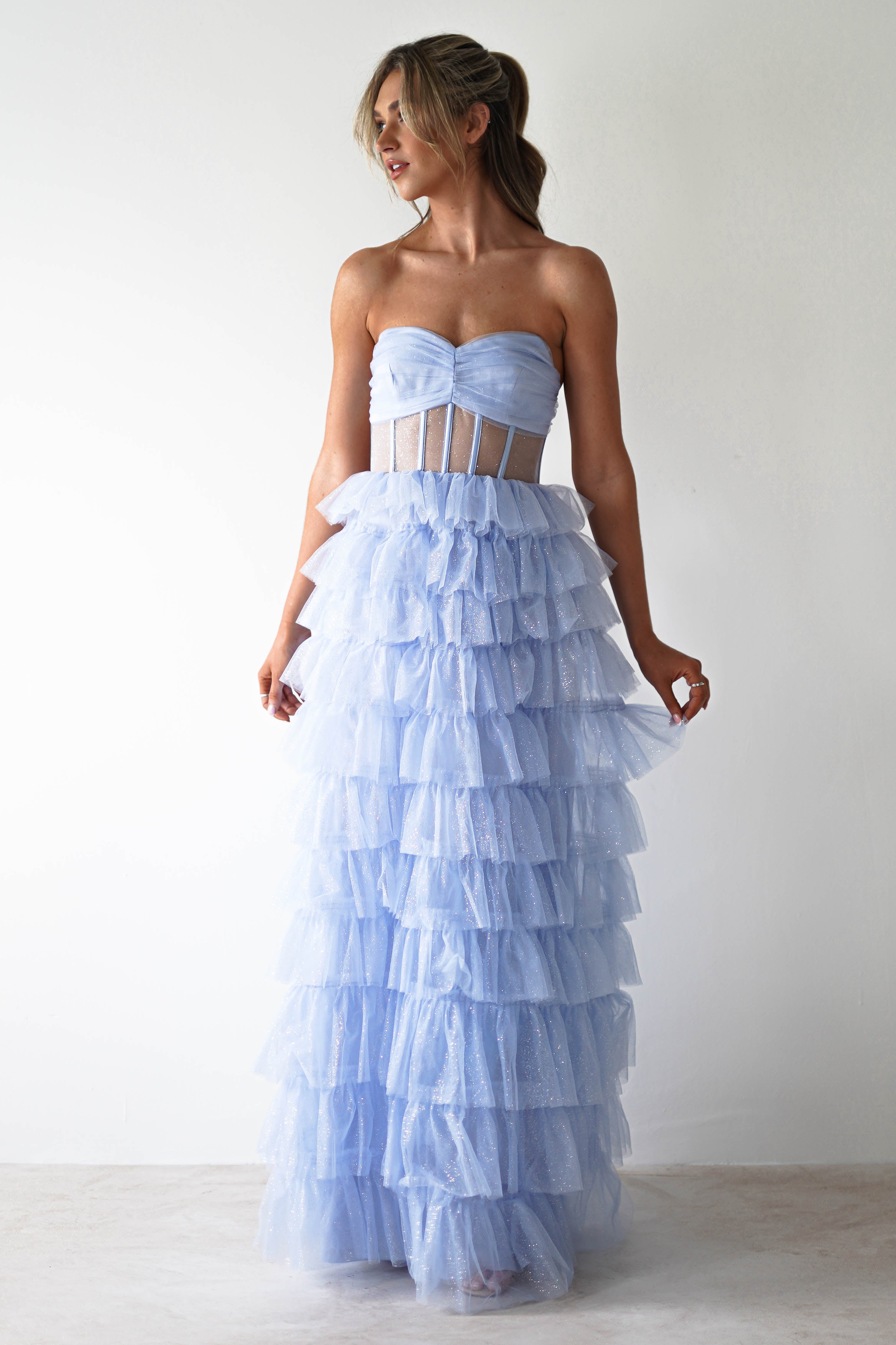 Claudette Ruffle Glitter Maxi Dress | Blue