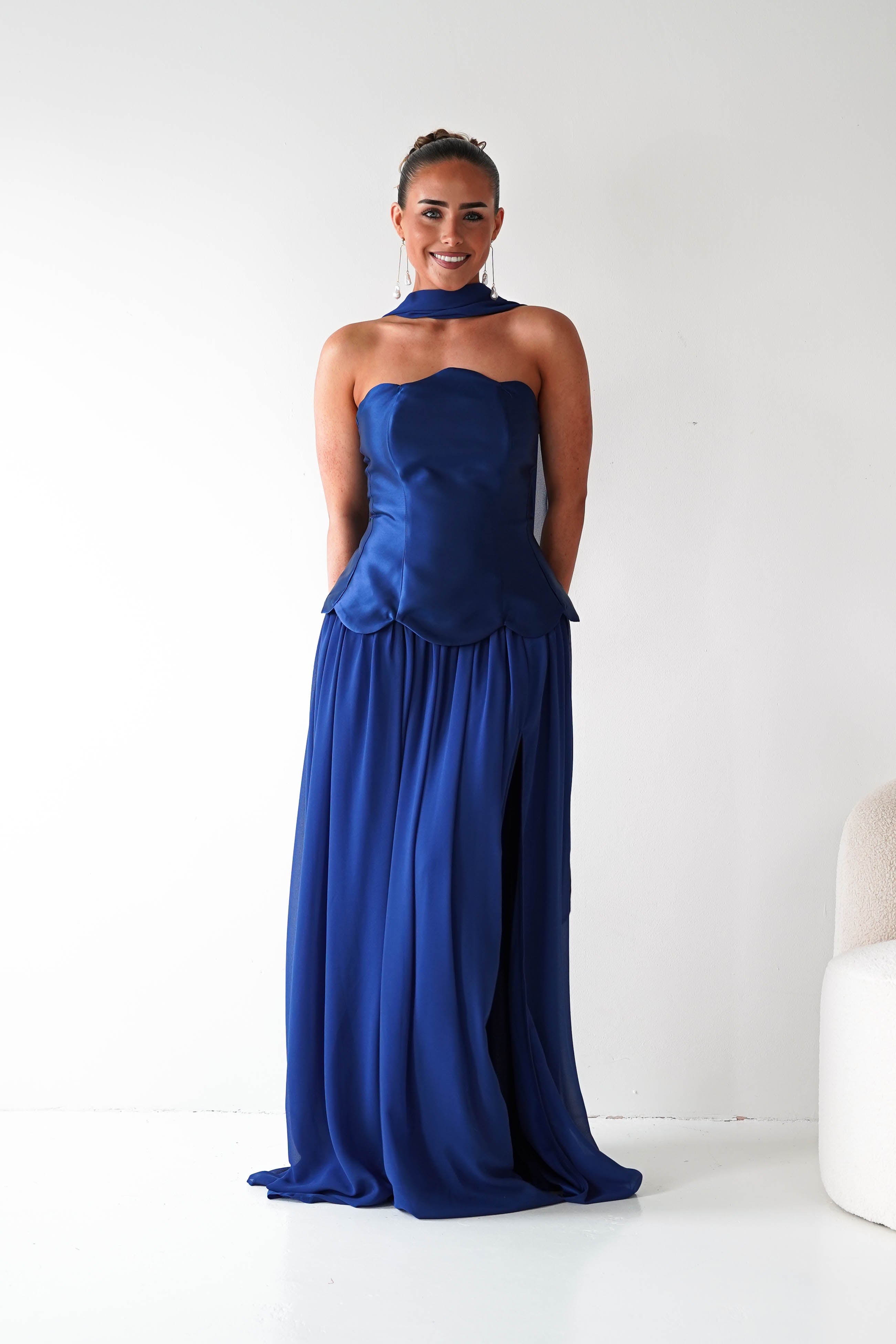 Oh Hello Clothing Women > Clothing > Dresses 1*DONE-MM24572-NAVY Strapless Corset Maxi Dress with Scarf