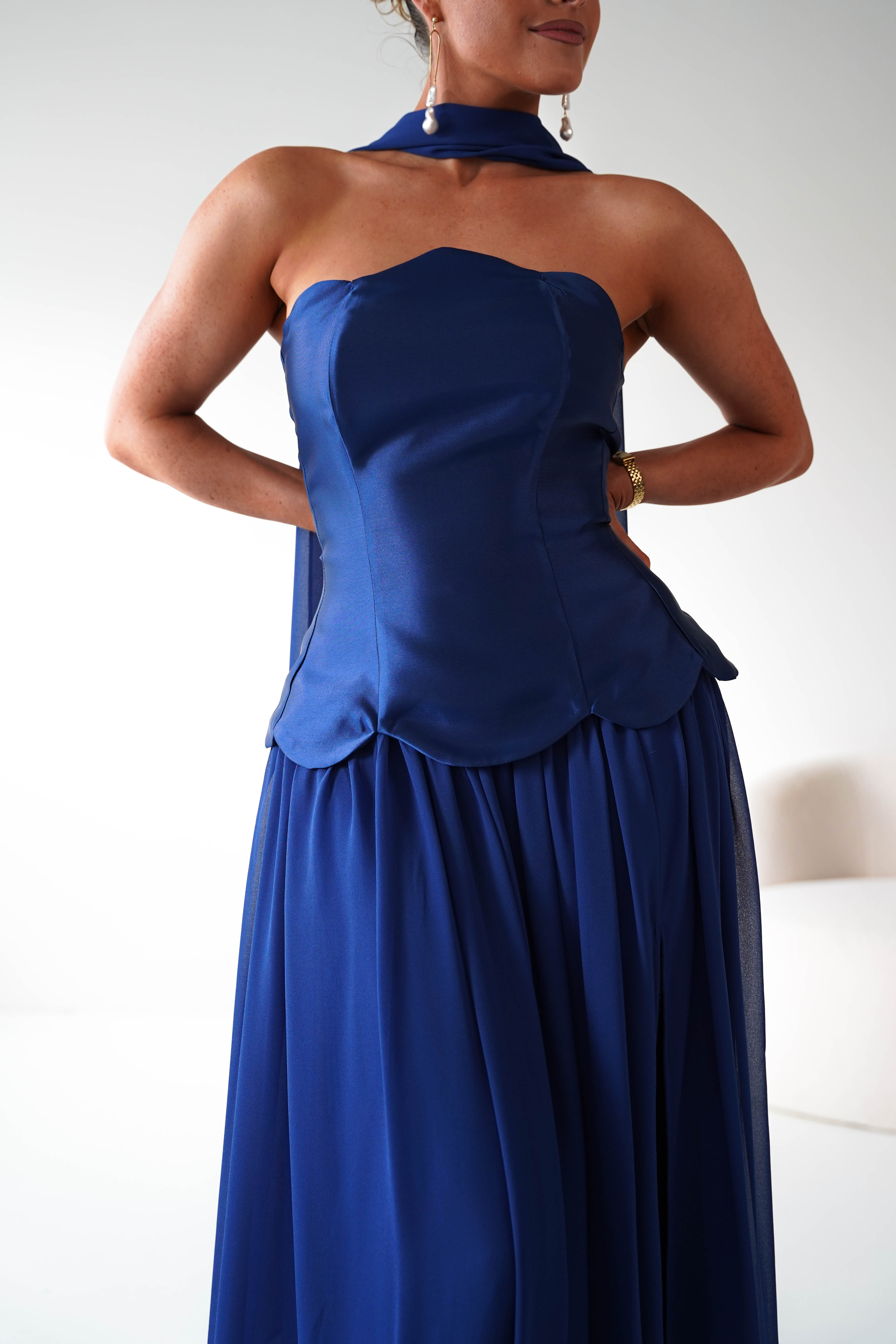 Oh Hello Clothing Women > Clothing > Dresses 1*DONE-MM24572-NAVY Strapless Corset Maxi Dress with Scarf