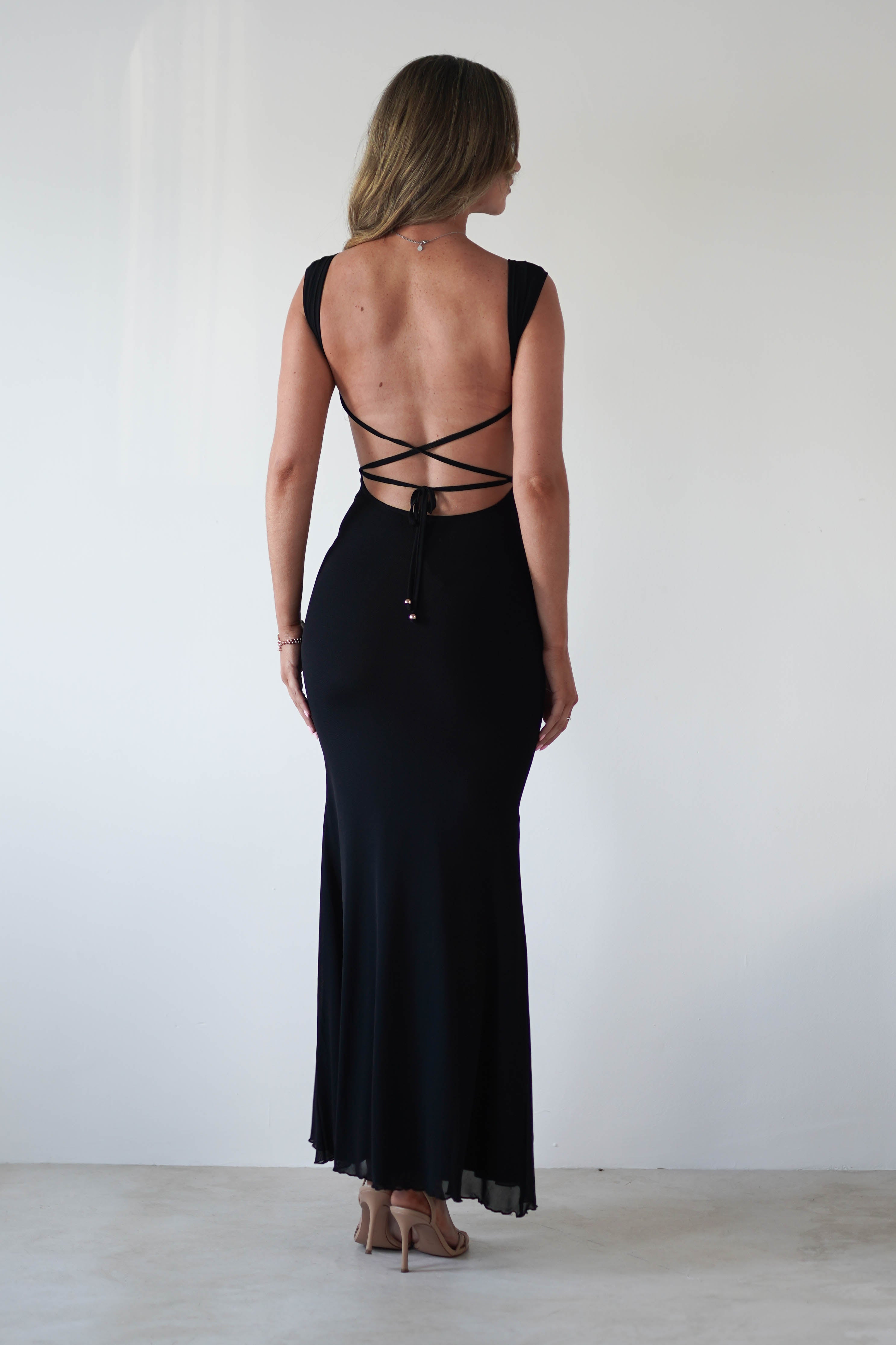 Sky Stretchy Mesh Backless Maxi Dress | Black