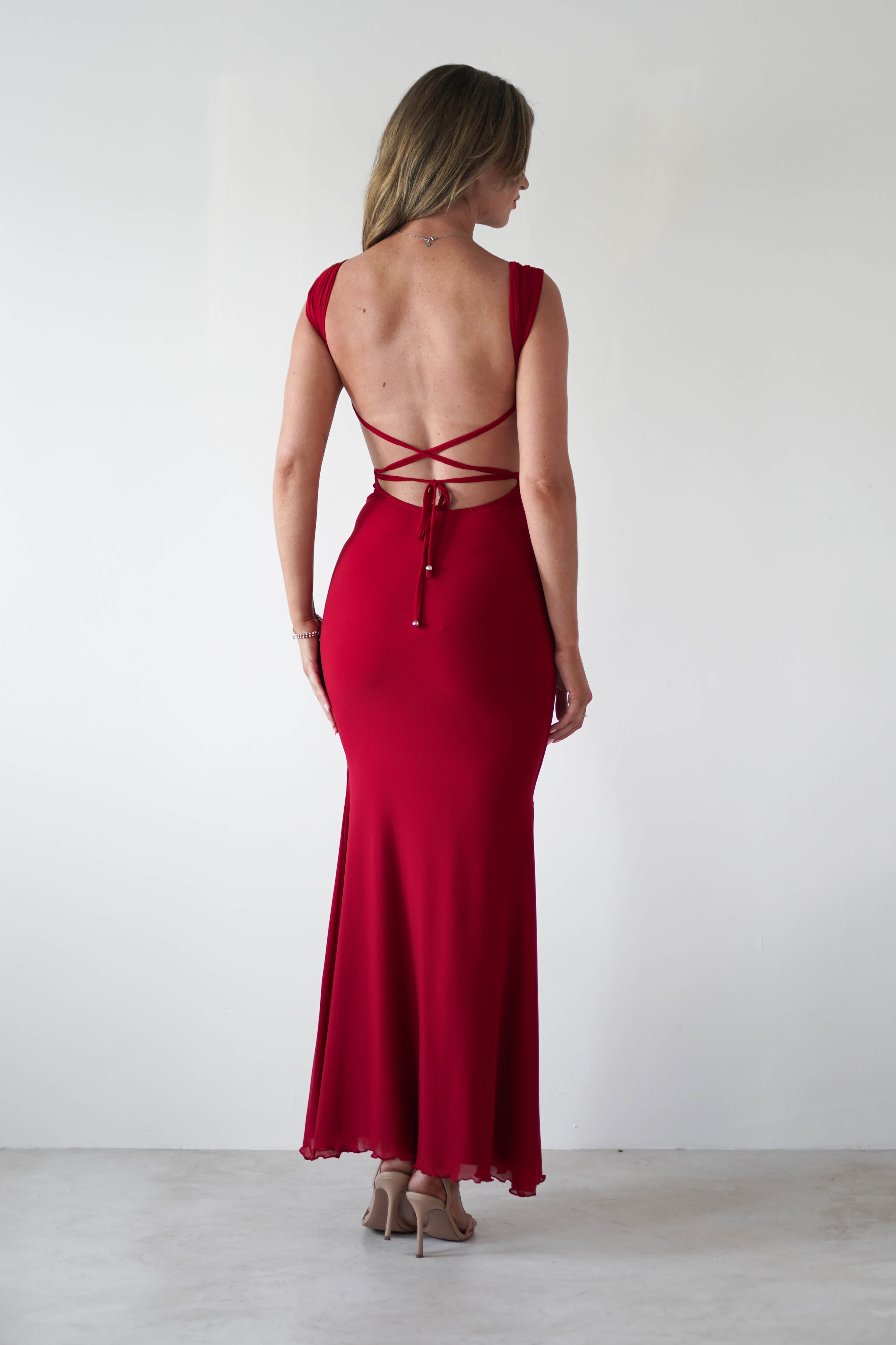 Sky Stretchy Mesh Backless Maxi Dress | Dark Red
