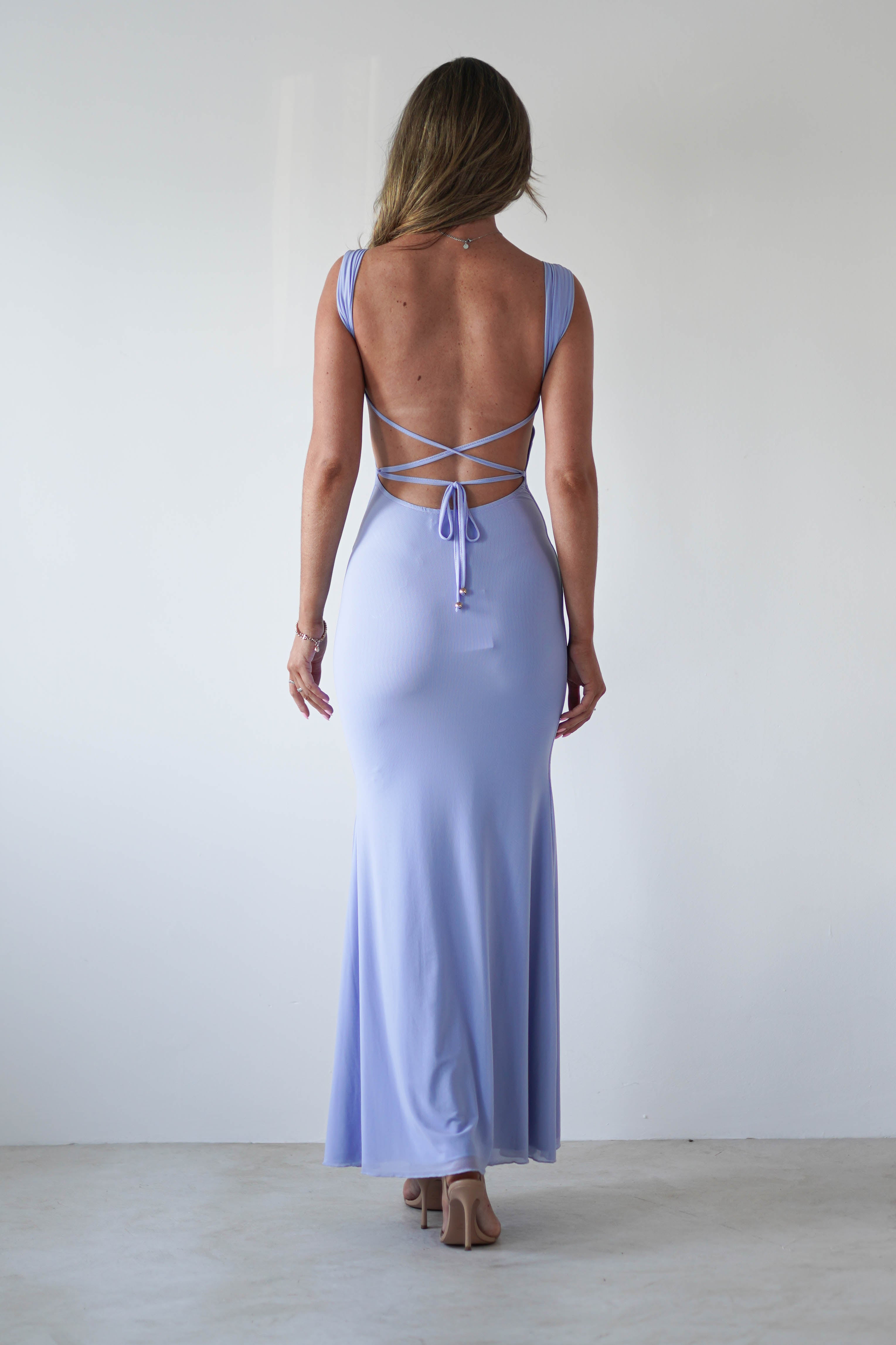 Sky Stretchy Mesh Backless Maxi Dress | Dusty Blue