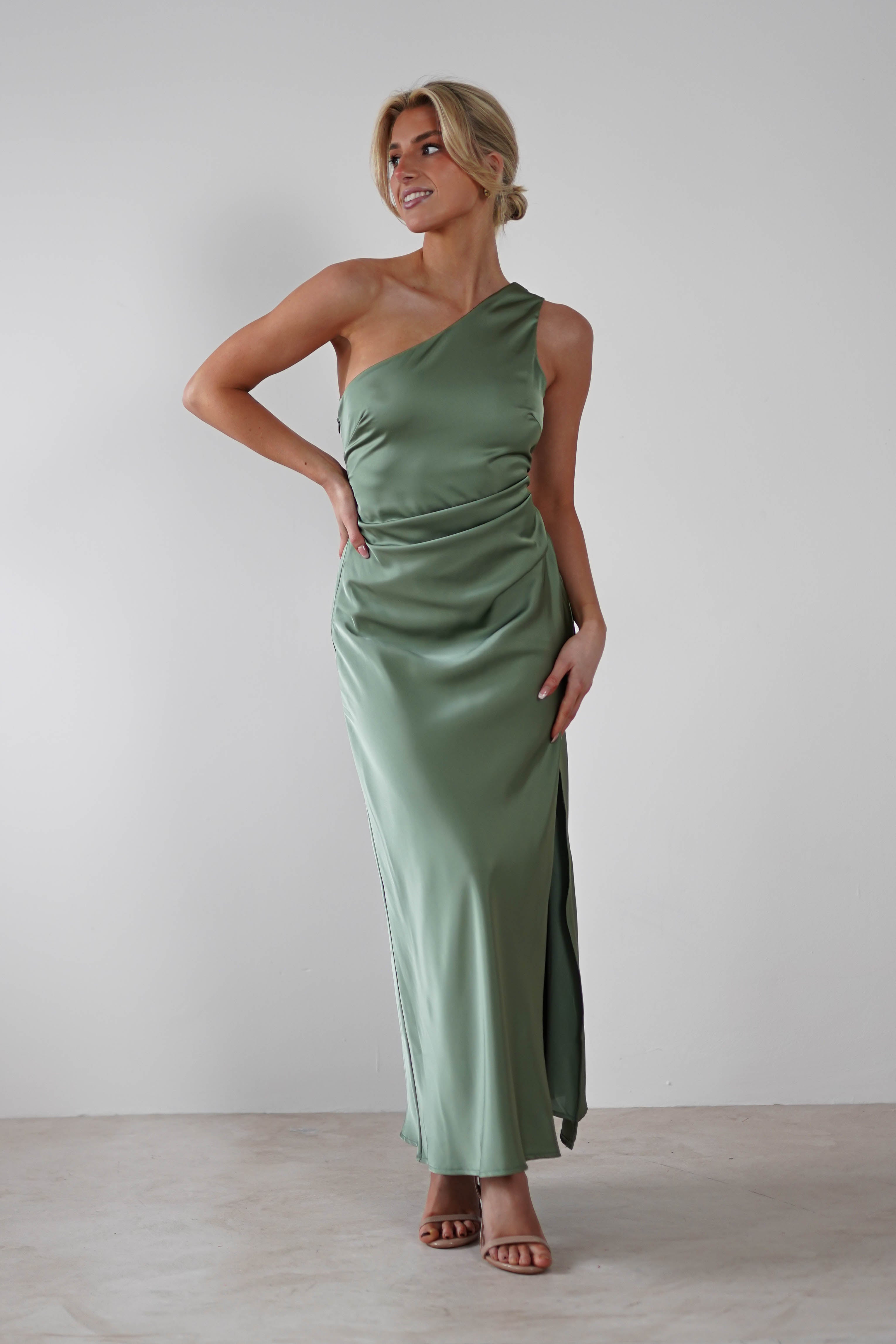 Meera Soft Matte Satin Midaxi Dress | Olive