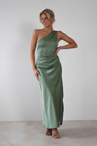 Meera Soft Matte Satin Midaxi Dress Olive | Wedding Guest Dress | Satin | Oh Hello Clothing