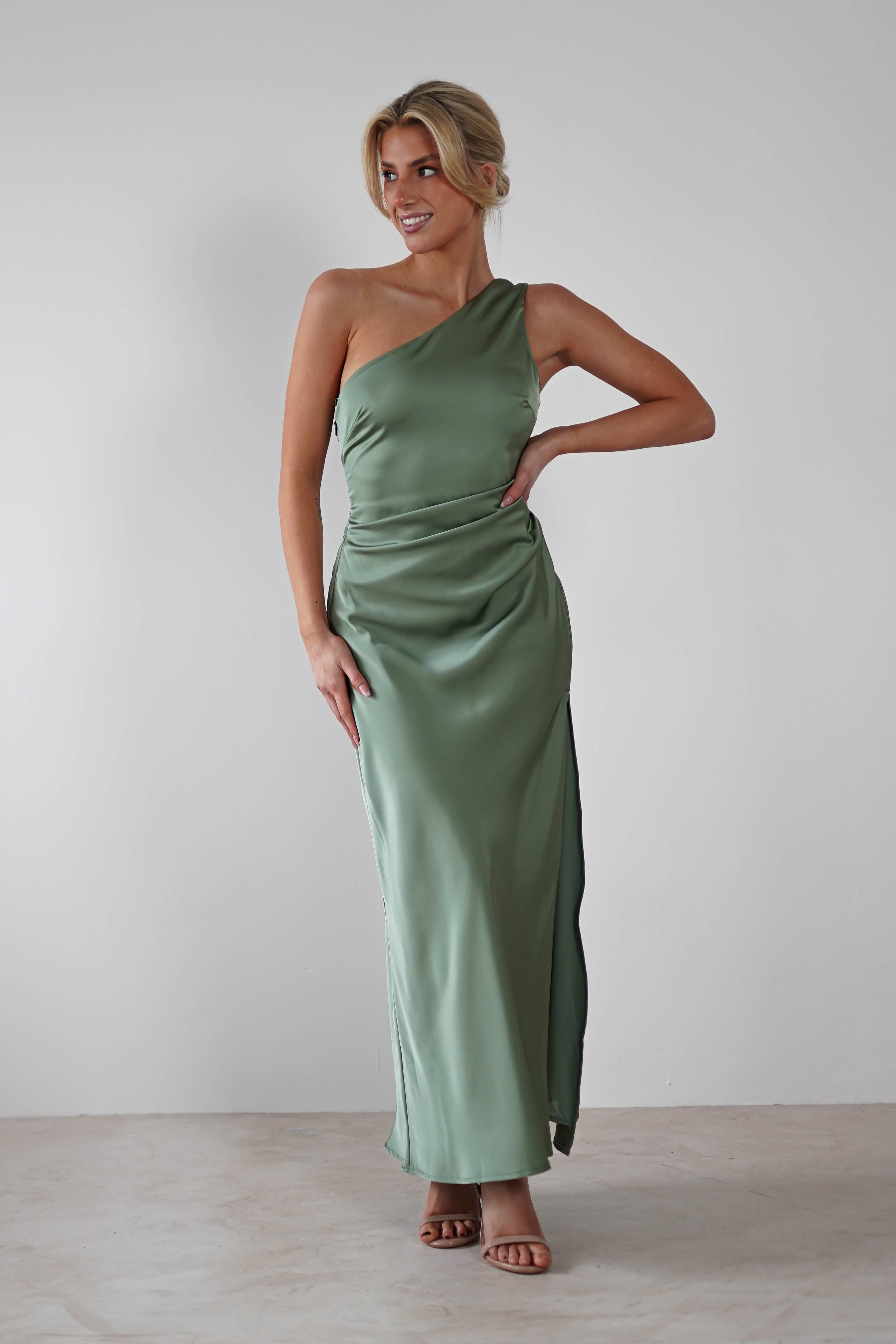 Meera Soft Matte Satin Midaxi Dress | Olive