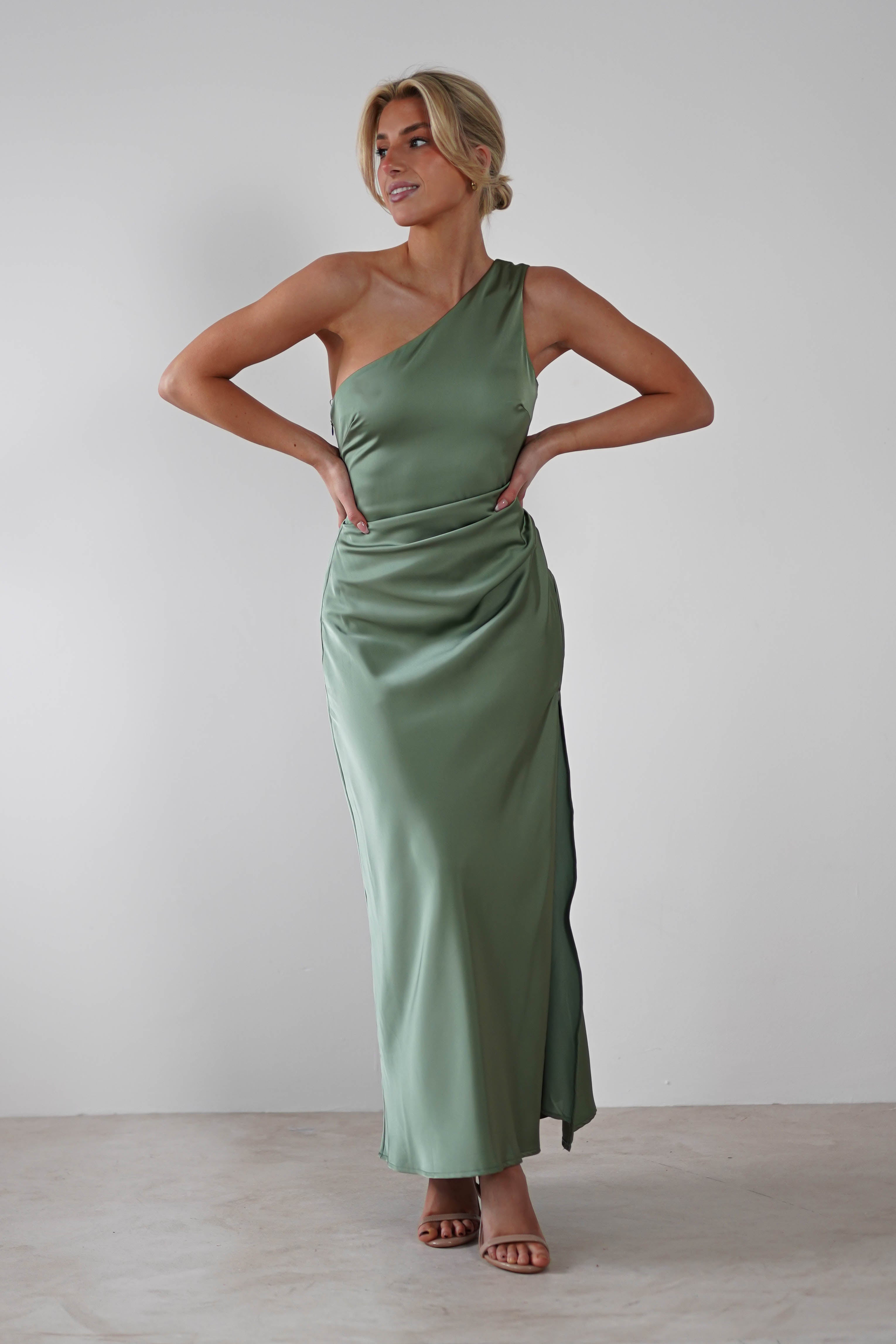 Meera Soft Matte Satin Midaxi Dress | Olive