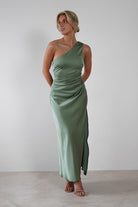 Meera Soft Matte Satin Midaxi Dress Olive | Wedding Guest Dress | Satin | Oh Hello Clothing