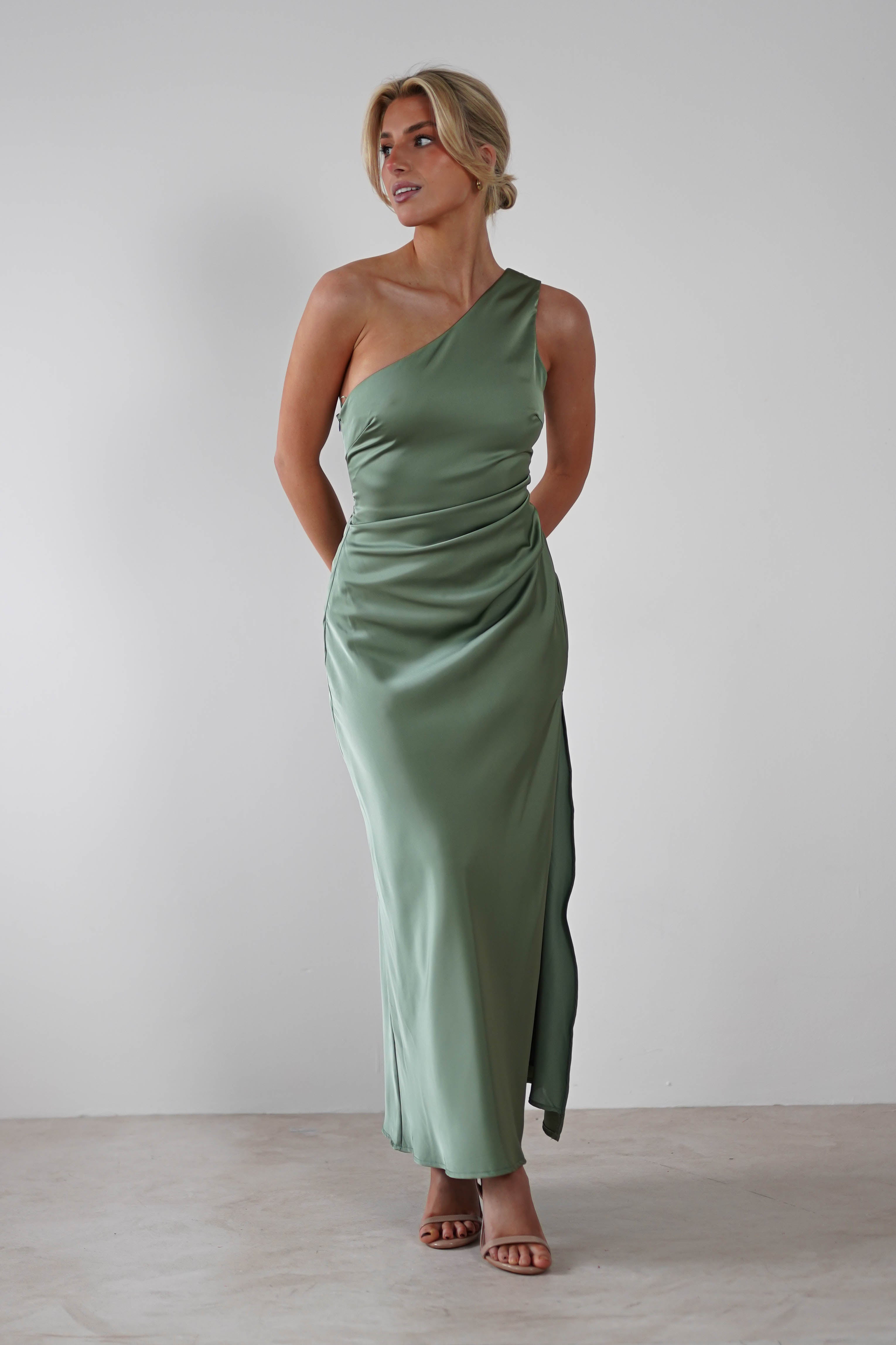 Meera Soft Matte Satin Midaxi Dress | Olive