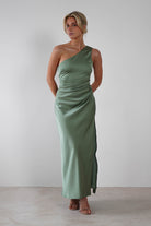 Meera Soft Matte Satin Midaxi Dress Olive | Wedding Guest Dress | Satin | Oh Hello Clothing
