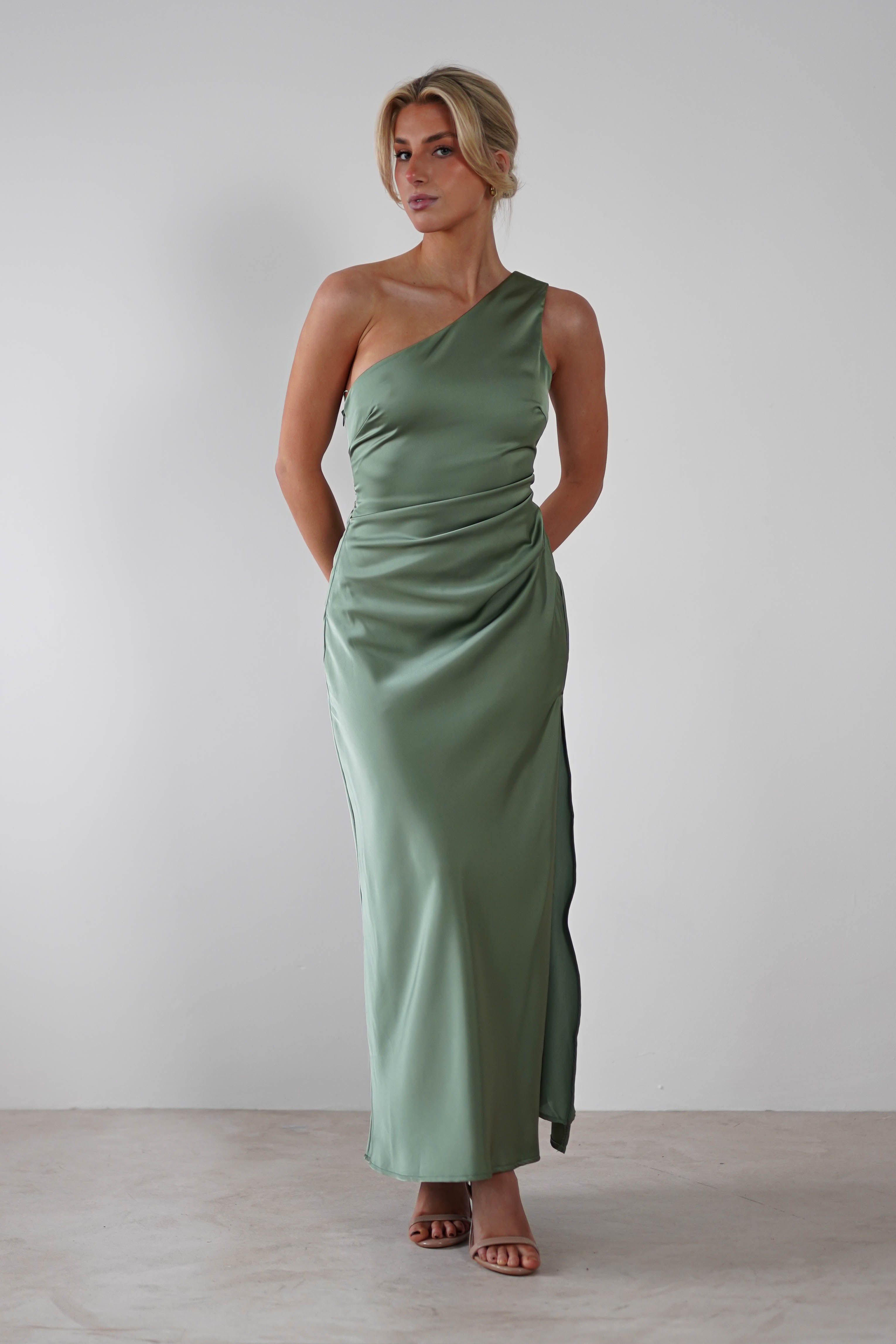 Meera Soft Matte Satin Midaxi Dress | Olive