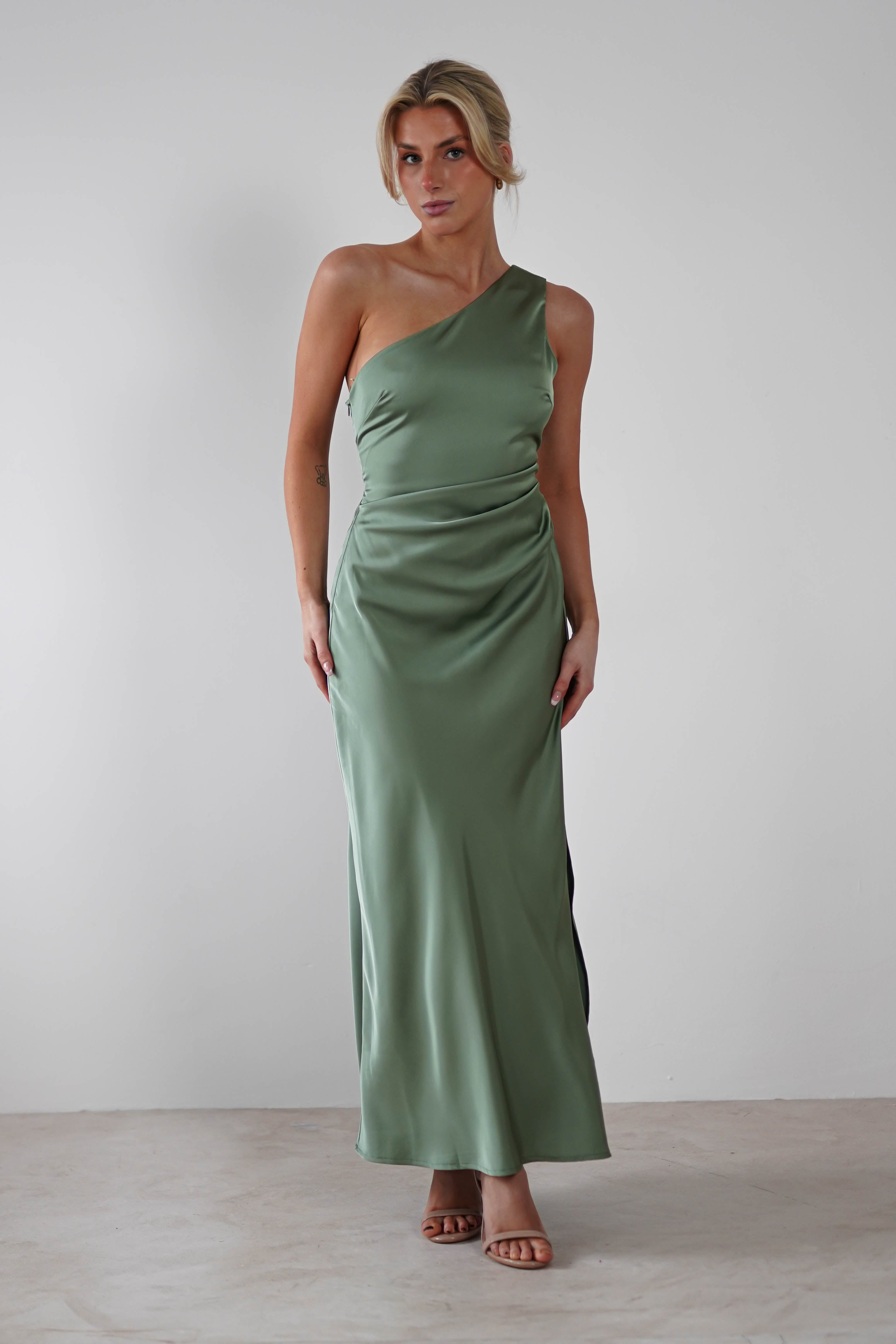 Meera Soft Matte Satin Midaxi Dress | Olive