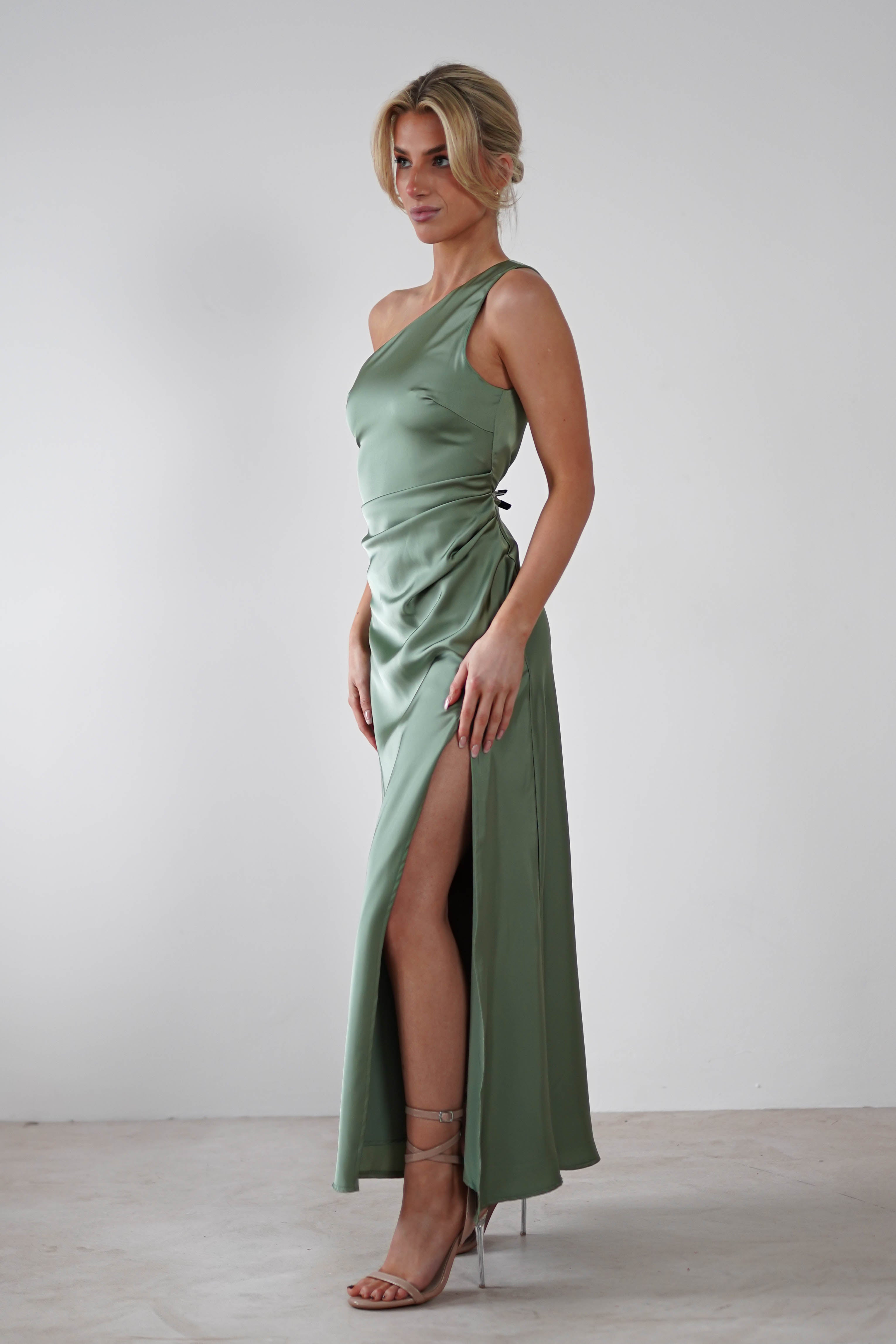 Meera Soft Matte Satin Midaxi Dress | Olive