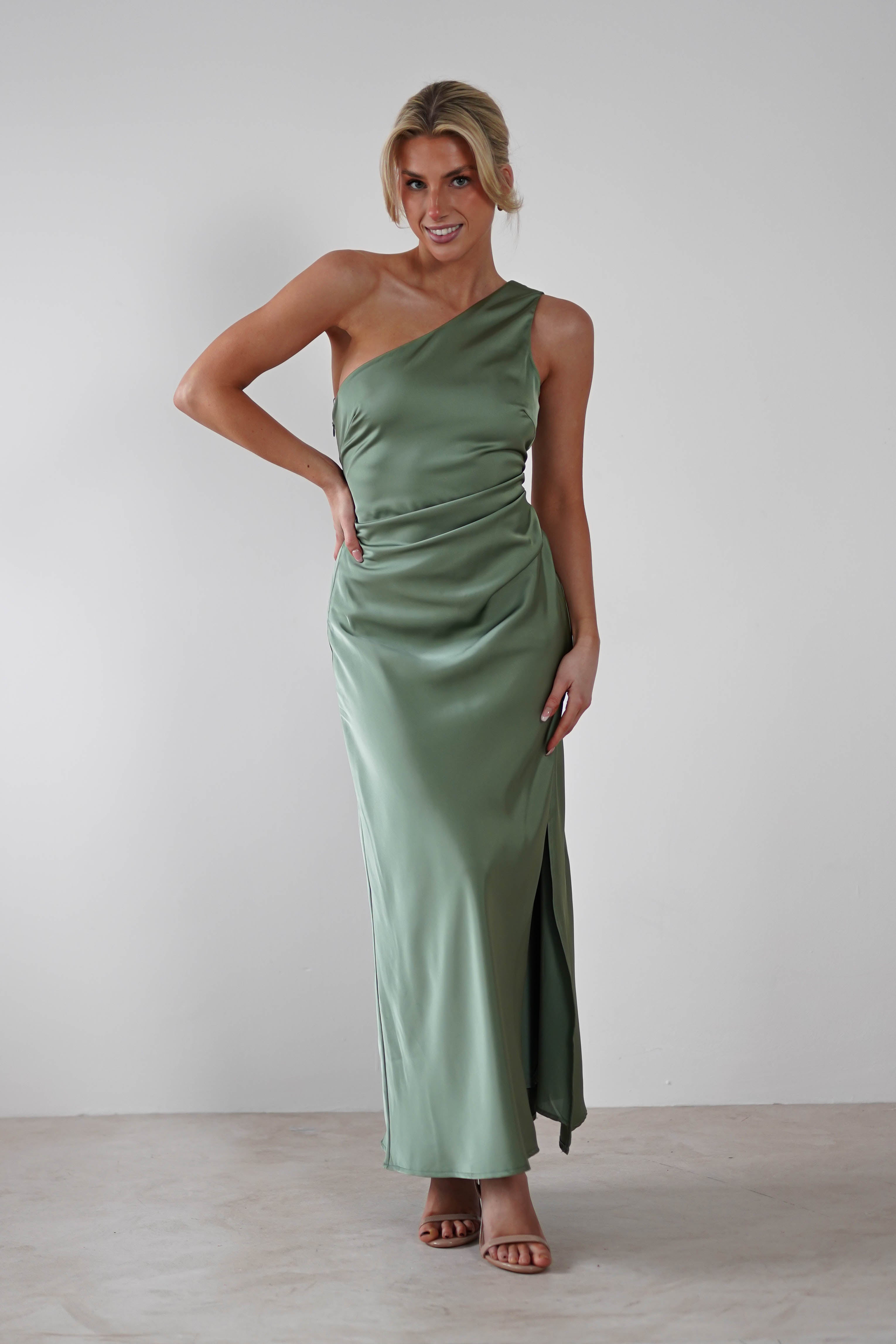 Meera Soft Matte Satin Midaxi Dress | Olive