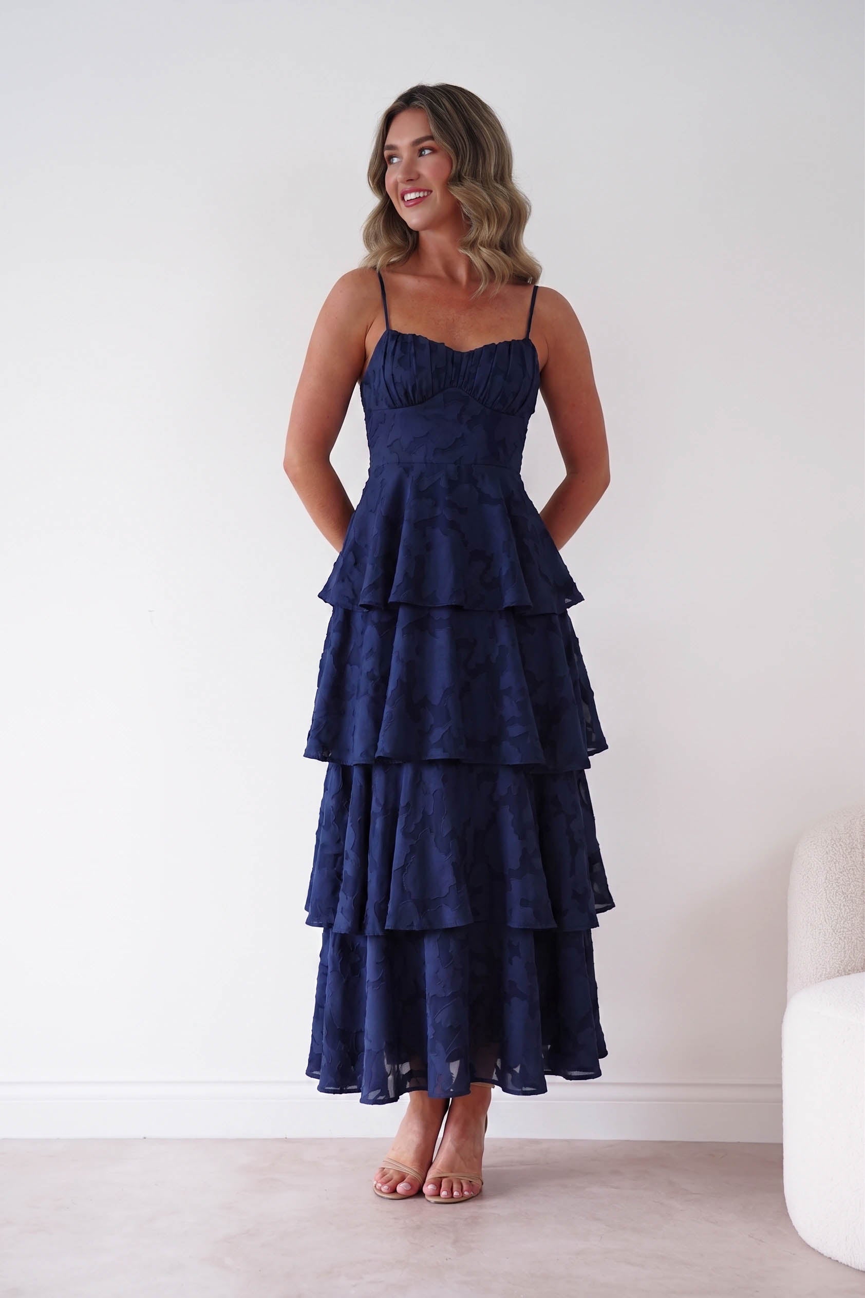 Oh Hello Clothing Women > Clothing > Dresses 1*DONE- Patsy Floral Jacquard Tiered Maxi Dress | NAVY(Copy)
