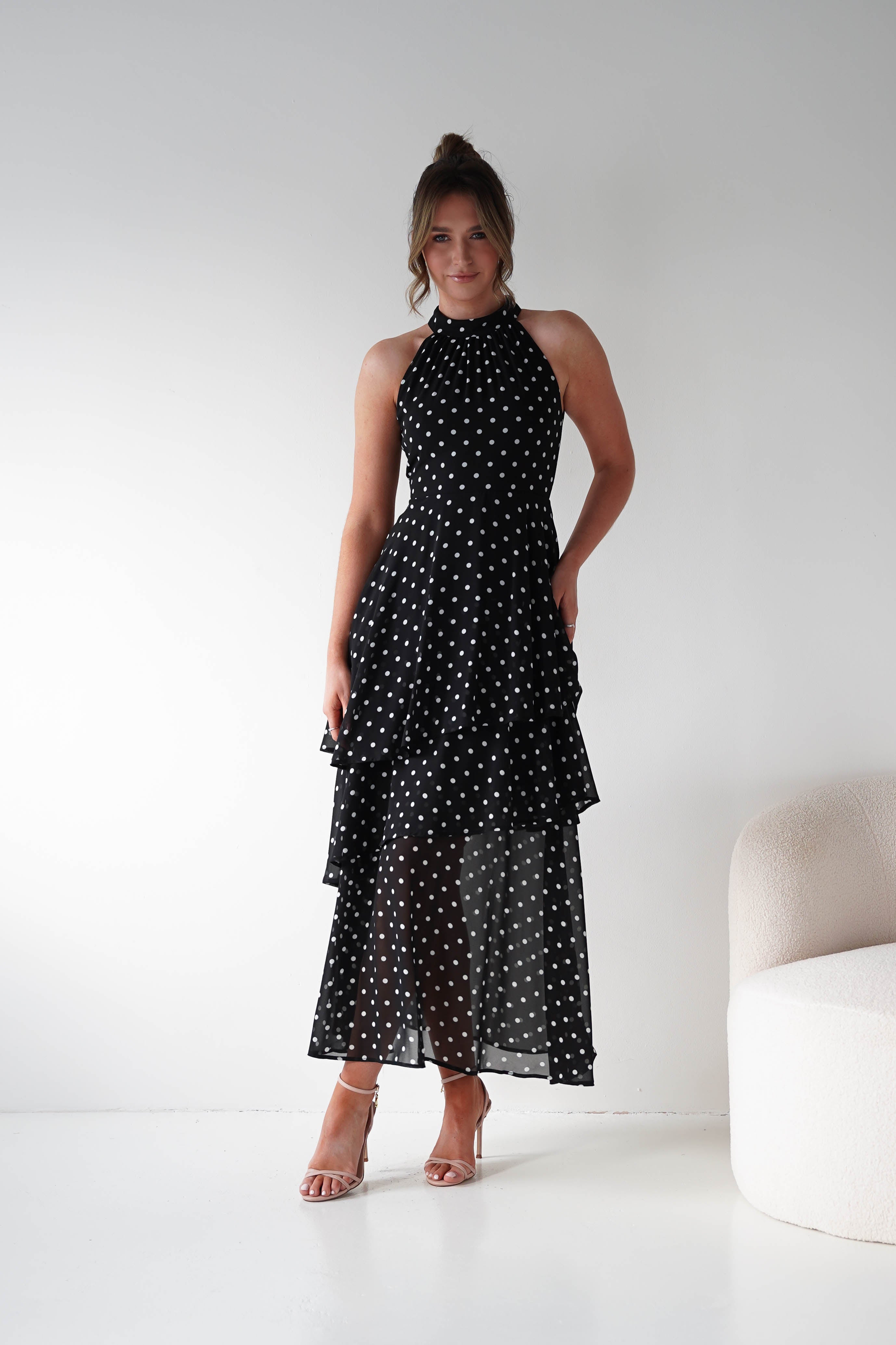 Iris Halterneck Layered Maxi Dress Black Spot Print – Oh Hello