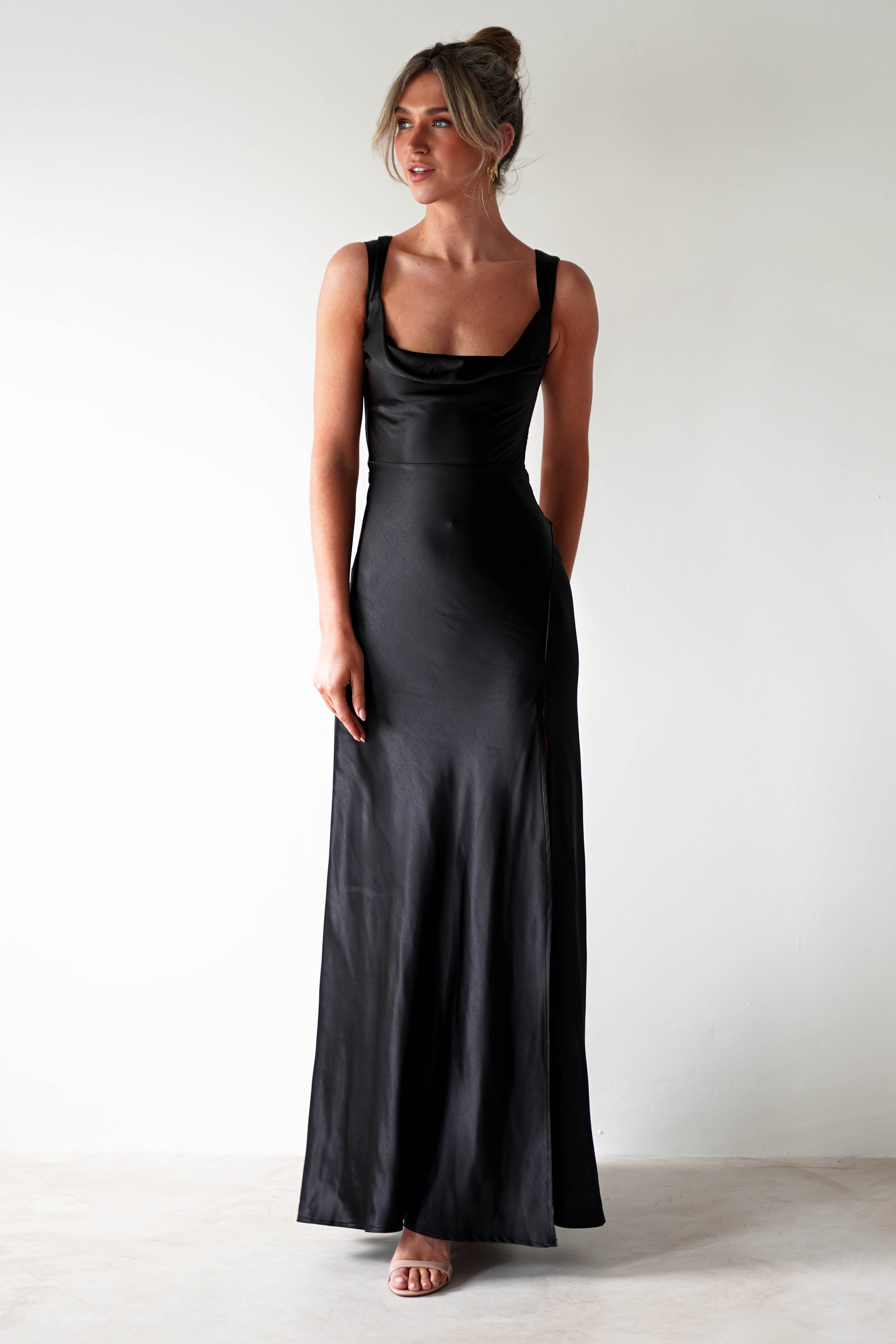Riviera Soft Satin Maxi Gown | Black