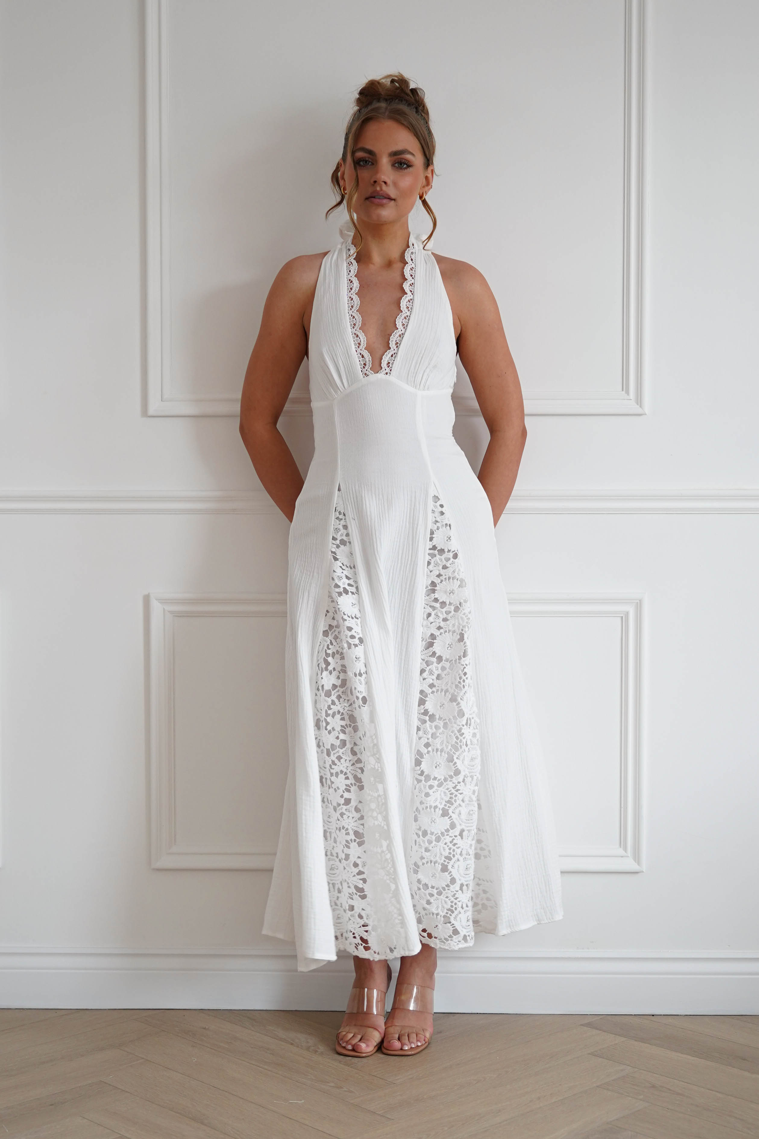 Oh Hello Clothing Dresses > Prom Dresses 1*DONE-RT0035D-INDIKAH-White Lace Trim Tie-Back Midi Dress