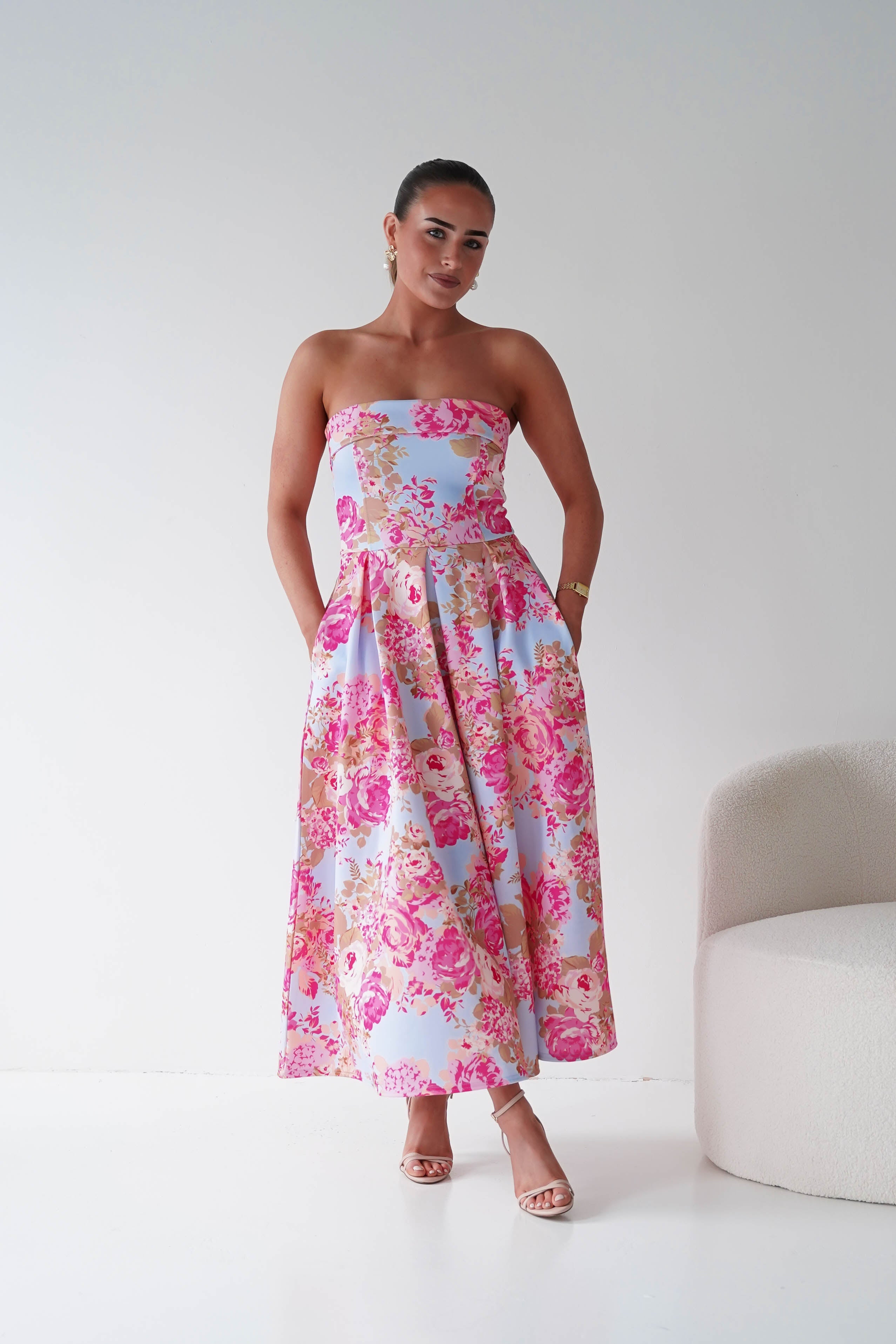 Oh Hello Clothing Women > Clothing > Dresses 1*DONE -S18893- DANNI STRAPLESS MIDI DRESS FLROAL - BLUE