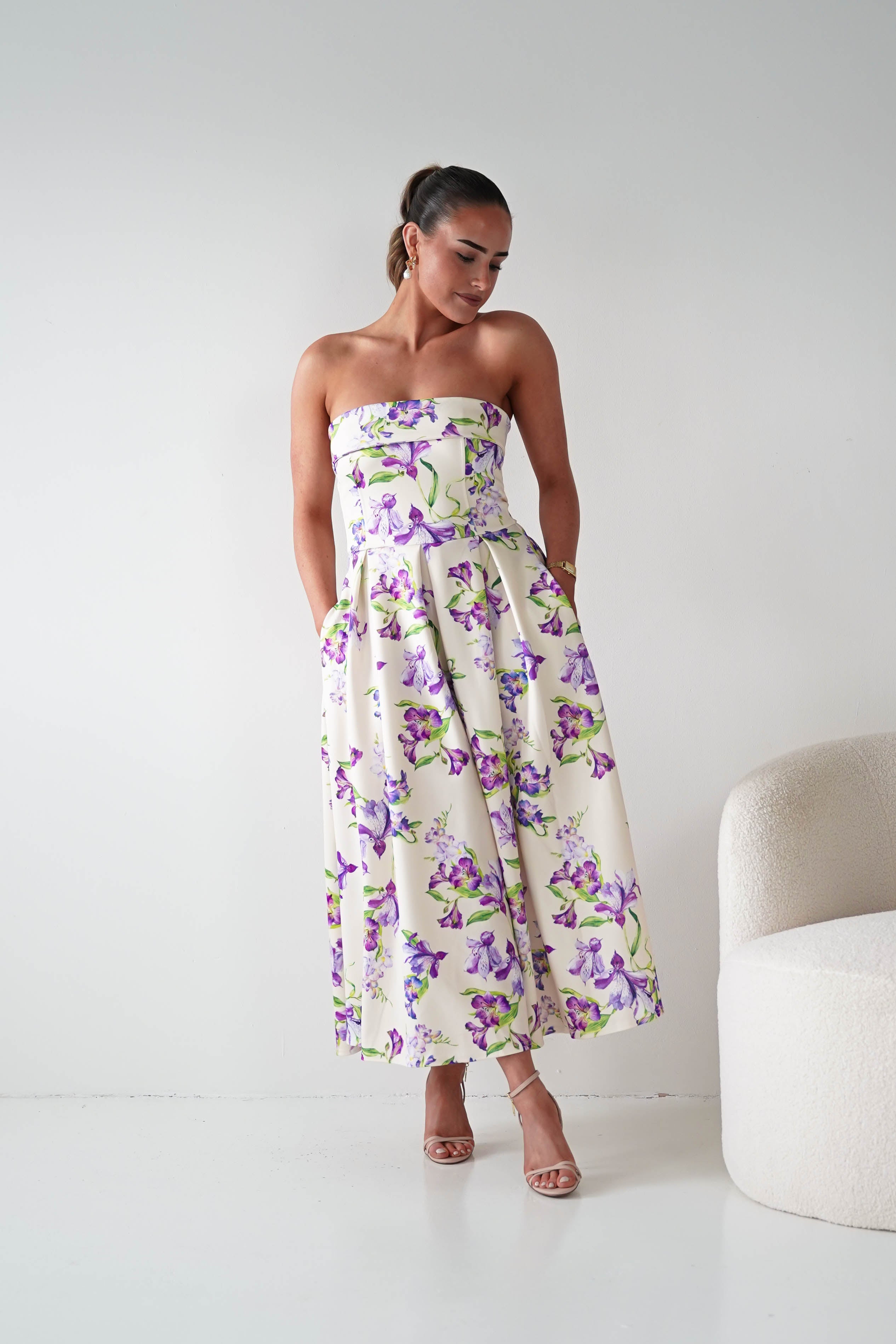 Oh Hello Clothing Women > Clothing > Dresses 1*DONE -S18893- DANNI STRAPLESS MIDI DRESS FLROAL -YELLOW (Copy)